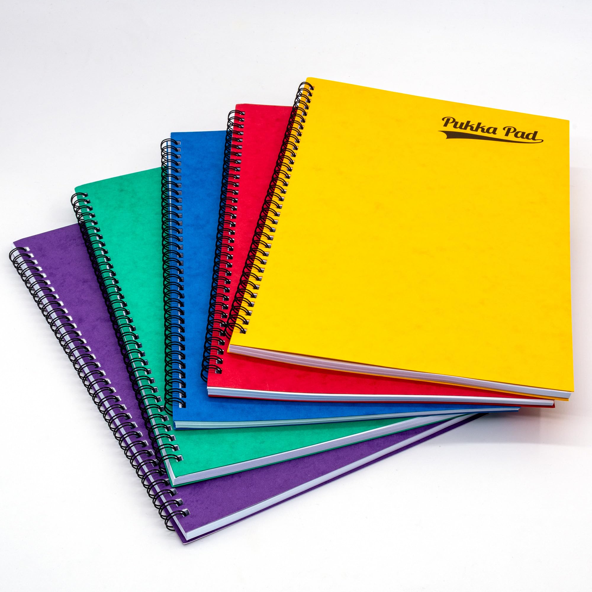 Pukka Pad, Bright Pressboard - Bloc de notas tamaño A4, 10 unidades, cuadernos laterales con 120 páginas de papel rayado de 80 g/m², cubierta de tablero prensado y cierre elástico para escuela