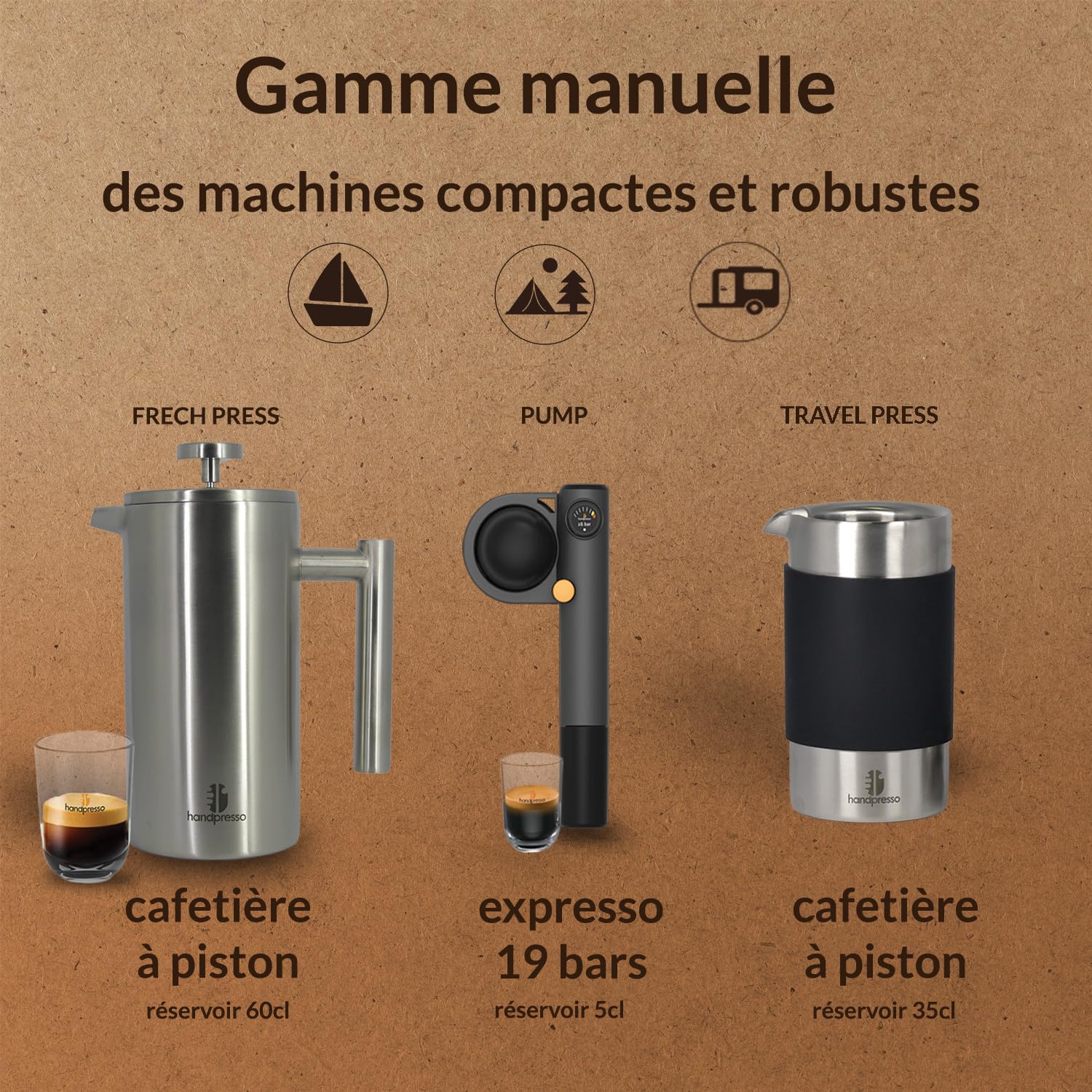 Handpresso Travel Press, cafetiere a piston compacte (INOX) double paroi isolante, 0,35 l (3 Tasses), Kit mini cafetière portable de voyage avec étui de transport, boite pour café moulu