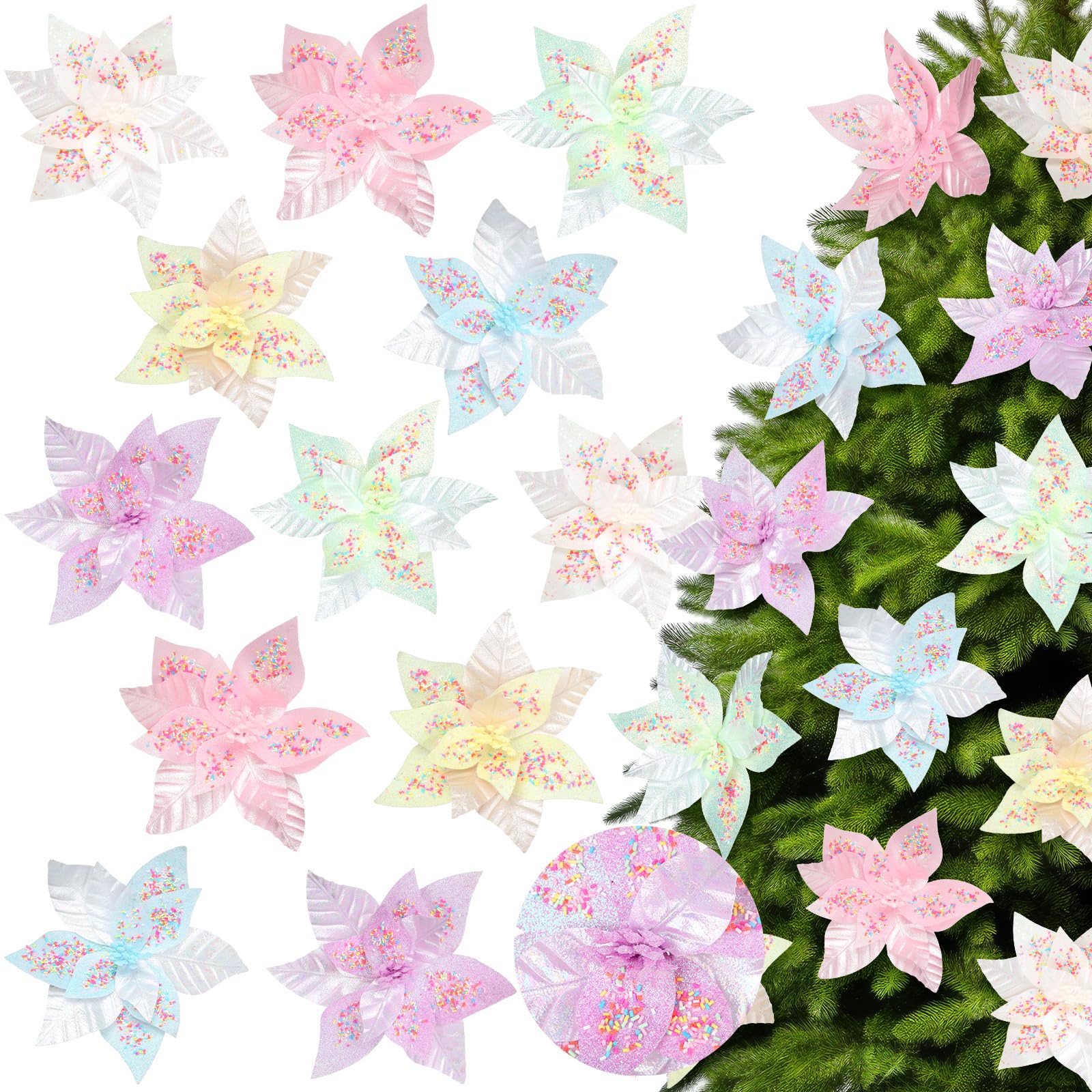 Soulchen Lot de 12 fleurs de poinsettia de Noël artificielles pastel avec tiges de 24 cm pour décoration de sapin de Noël, couronne de Noël, décoration de fête