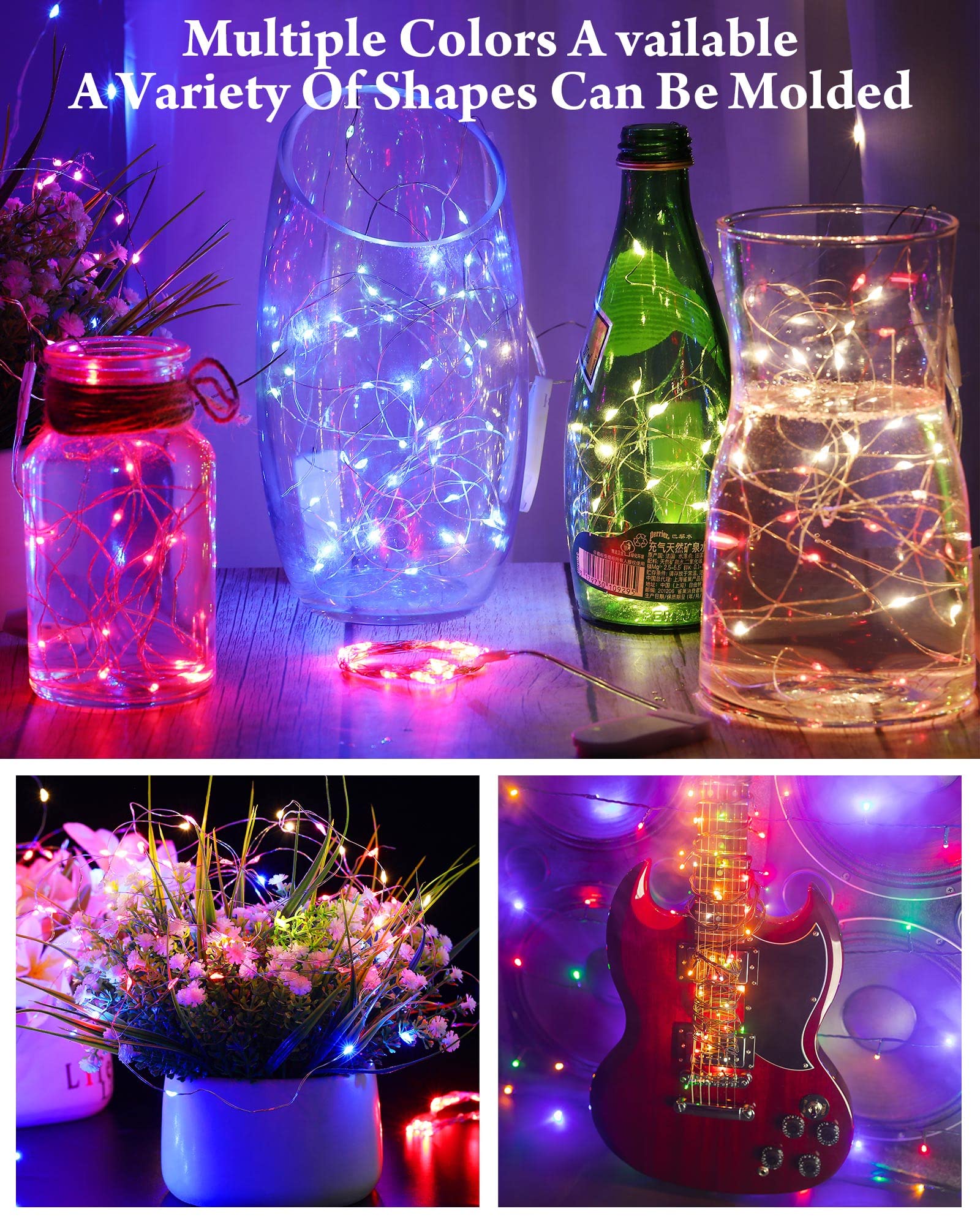 Lot de 50 guirlandes lumineuses à LED à piles - 2,1 m - 20 LED - Étanche - Pour décoration de mariage, chambre à coucher - Couleur vive