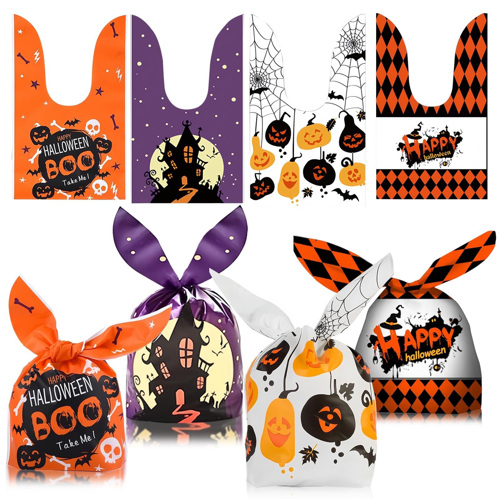 40Pcs Halloween Bags for Trick or Treating, Rabbits Gift Bag, 4 Pattern, Cute Loot Bag for Sweets, Popcorn, Biscuits, Goodies, Plastic Small Gift Bag for Kids Halloween Party Favor (6x9inch）