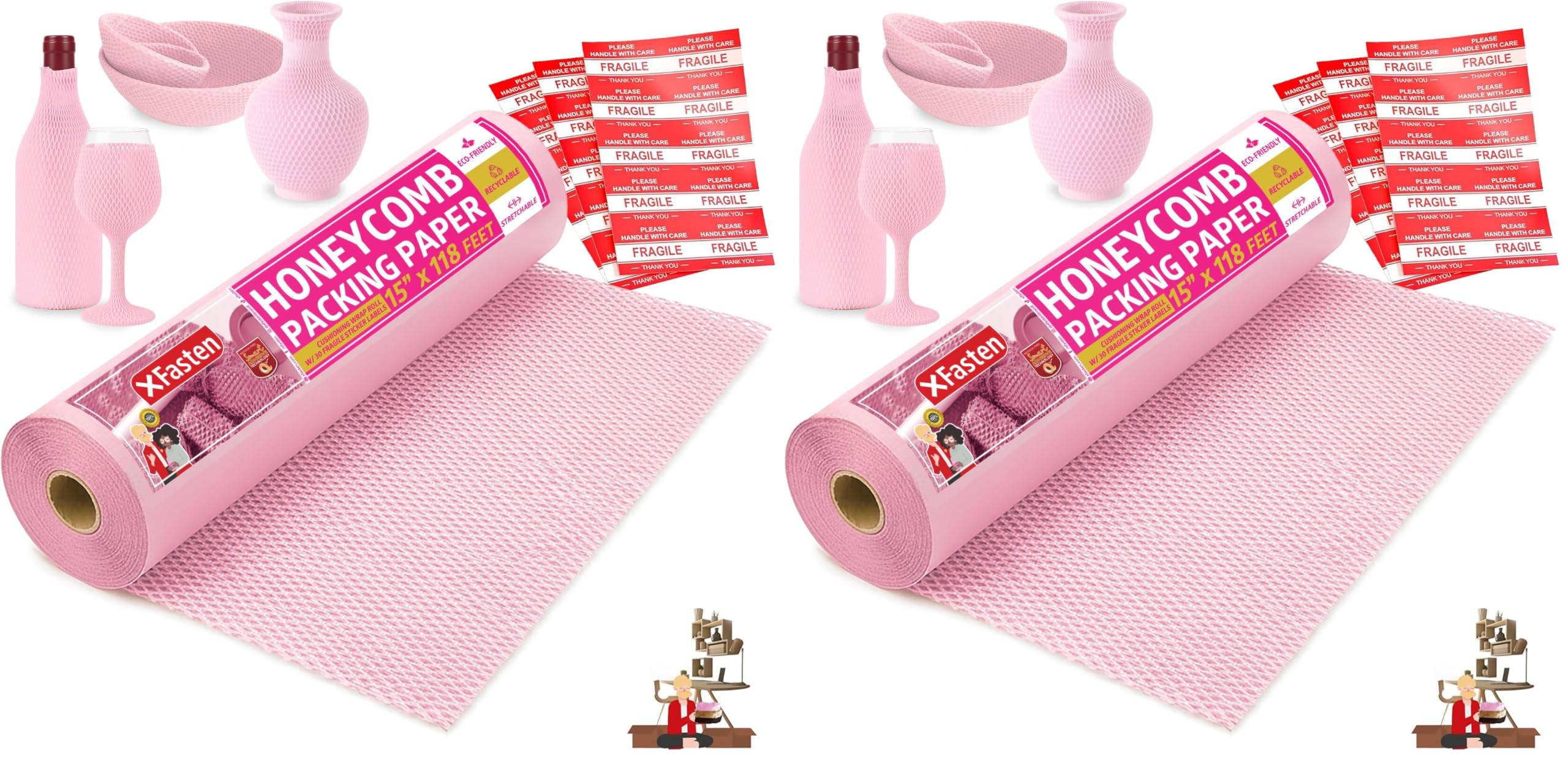 Pink Honeycomb Packing Paper for Moving 15-Inch x 118-Feet Bubble Honeycomb Wrap, Honeycomb Wrapping Paper for Packing Cushion with 30 Fragile Stickers Packing Supplies by Xfasten (Pack of 2)
