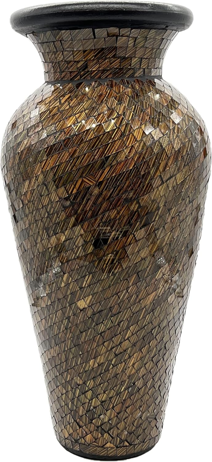 Floor Vase, 24 Inch Mosaic Vase – Tall Cylinder Made of Terracotta with Brown, Black, and Olive Green Glass Mosaic Pieces – Handcrafted Decorative Home Décor Accent Piece for Bedroom, Office