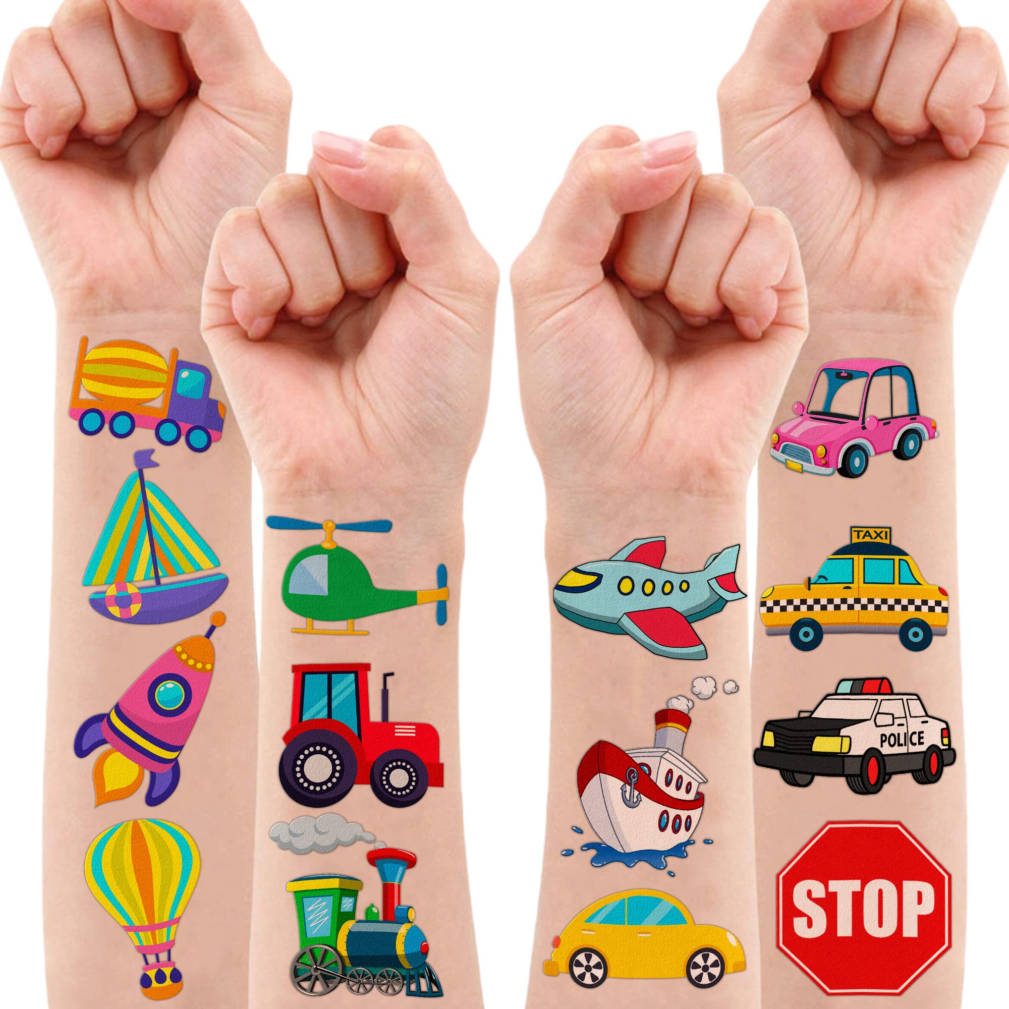 Transportation Temporary Tattoos Birthday Themed Party Supplies Decorations Favors 8 Sheets 96PCS Vehical Decor Cute Stickers Tattoo for Class School Prizes Gift for Kids Boys Girls Carnival Rewards