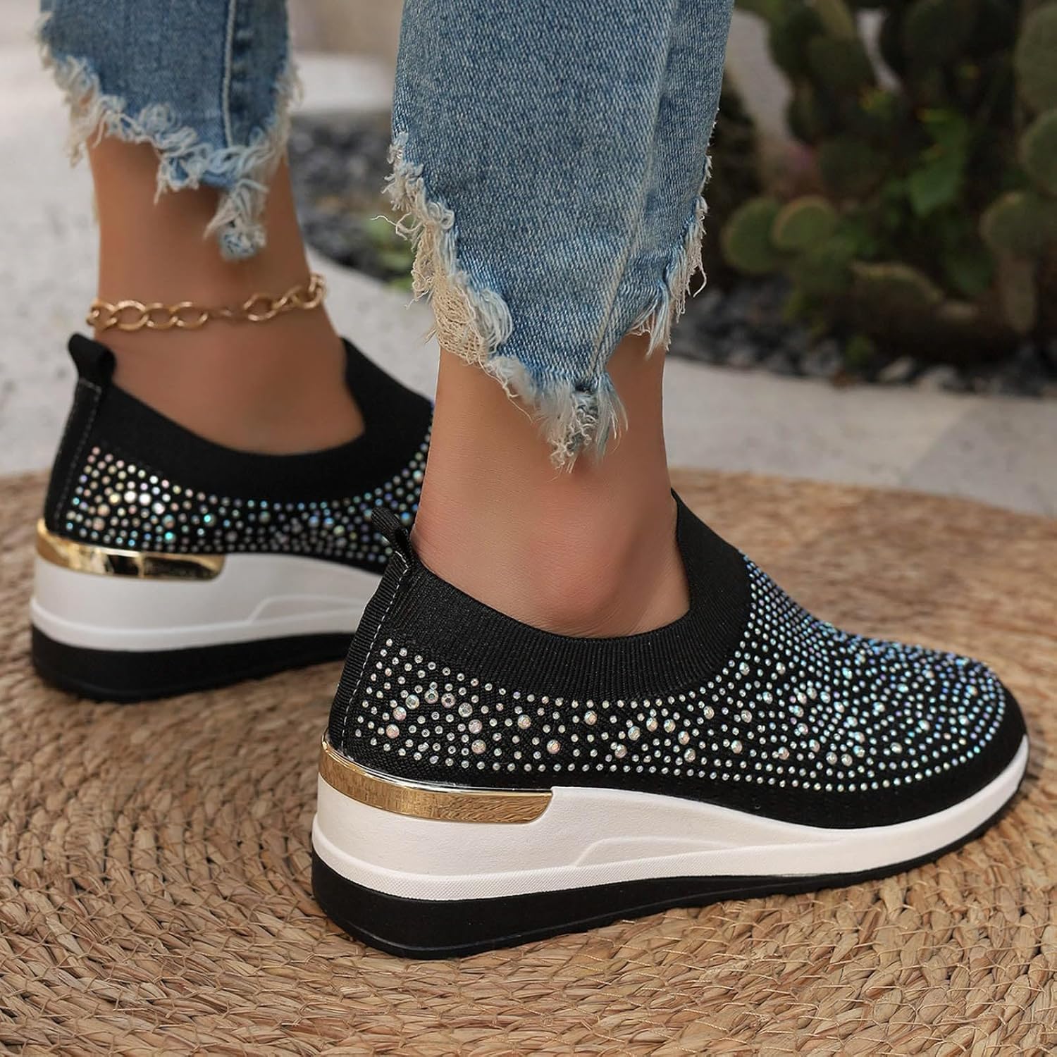 Scarpe da ginnastica da donna con zeppa e strass, alla moda, traspiranti, casual, con zeppa e strass, scarpe da ginnastica con zeppa scintillante