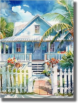 IZTAWEY Florida Keys Watercolor Tropical Beach House Mural Island Canvas Painting Key West Cottage Art Mural Travel Art Farmhouse Decor Canvas Wall Art Poster 12x16inch Frameless
