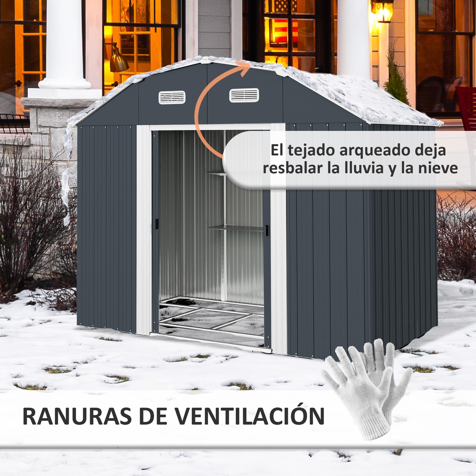 Outsunny Cobertizo de Jardín Exterior 2,7 m² 238x132x198,5 cm Caseta de Jardín para Exterior Metálica con Cerradura Base Estantes Ajustables 2 Ventanas y 2 Puertas Deslizantes Gris Oscuro