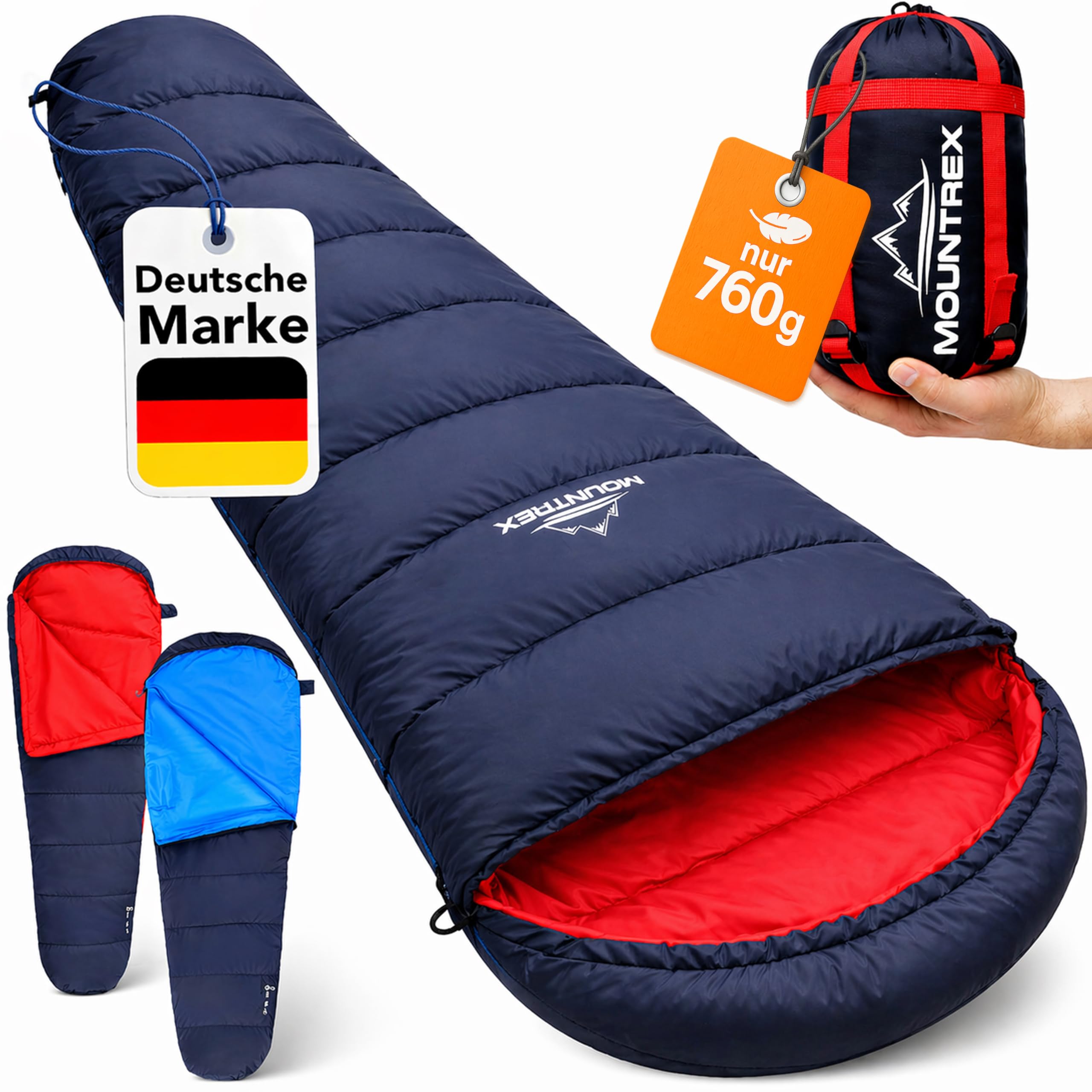 MOUNTREX Schlafsack Sommer & Winter - Camping Mumienschlafsack Erwachsene | Outdoor Sommerschlafsack oder Winterschlafsack – Kleines Packmaß, Leicht, Koppelbar, Warm und Kompakt