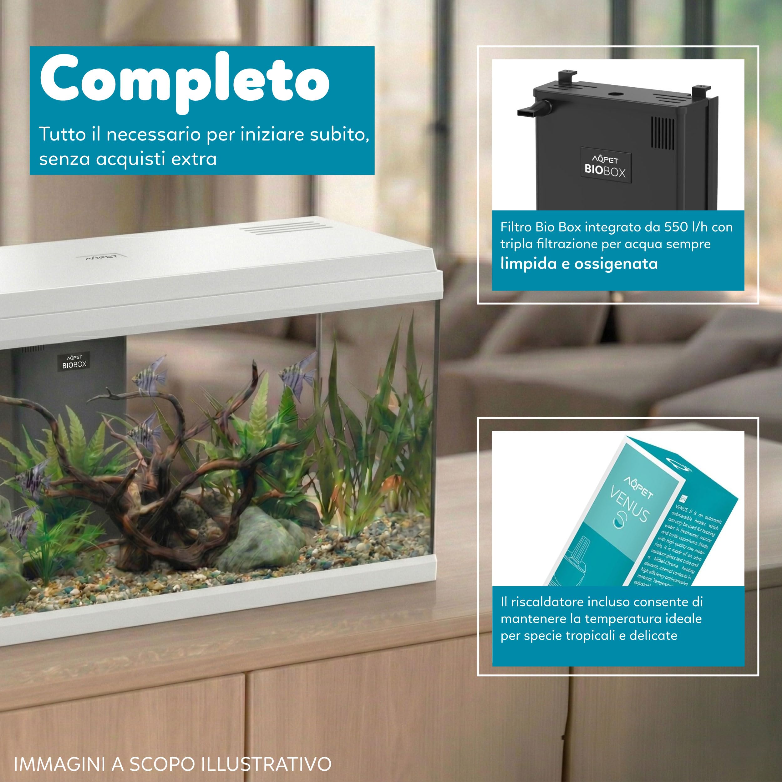 Aqpet Acquario in Vetro per Pesci tropicali Completo di Accessori Filtro Luce Simply, 100 80x32x47 cm 100 Litri, Bianco