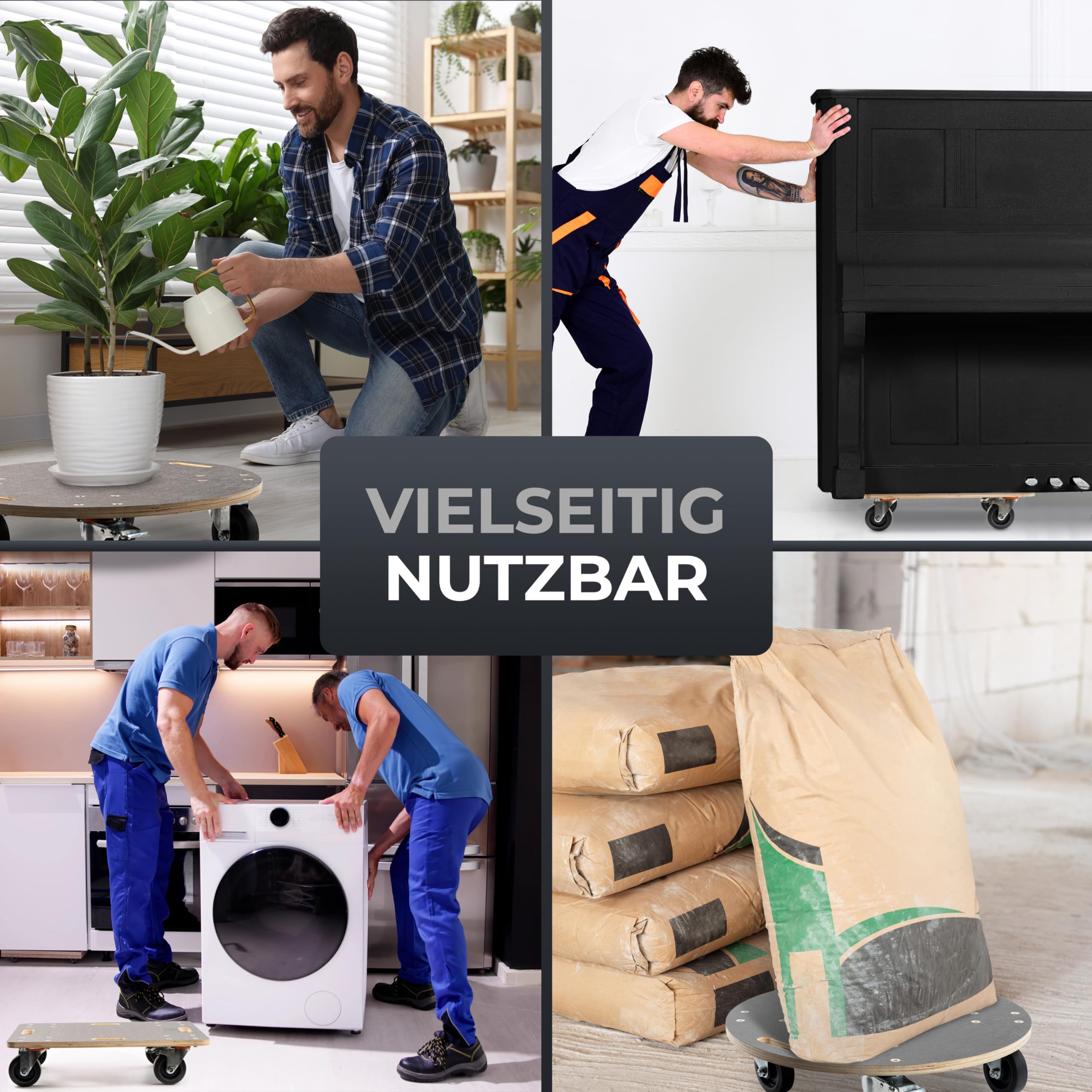 Rollbrett Schwerlast | Extra leise Rollen | 400kg Belastung | mit 2 Festell-Bremsen und Tragegriffen | Hochwertiges Holz | Transportroller | Rollwagen für Pflanzgefäße