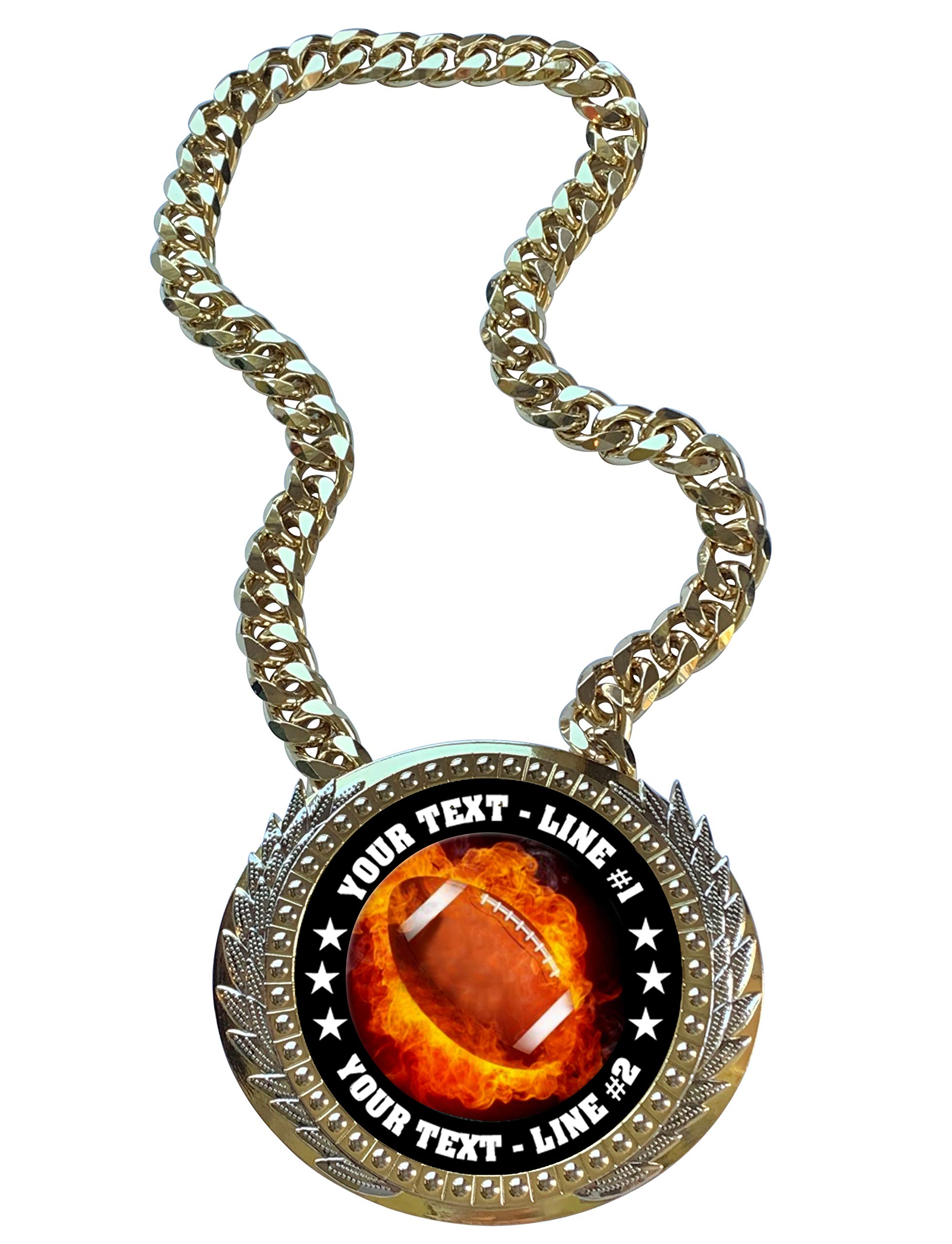 Express Medals Metal Version Flame Football Champ Chain Trophy with 2 Lines of Personalized Custom Text on a Large Award Medal and Attached 34 inch Long Metal Neck Chain. EMFCL802