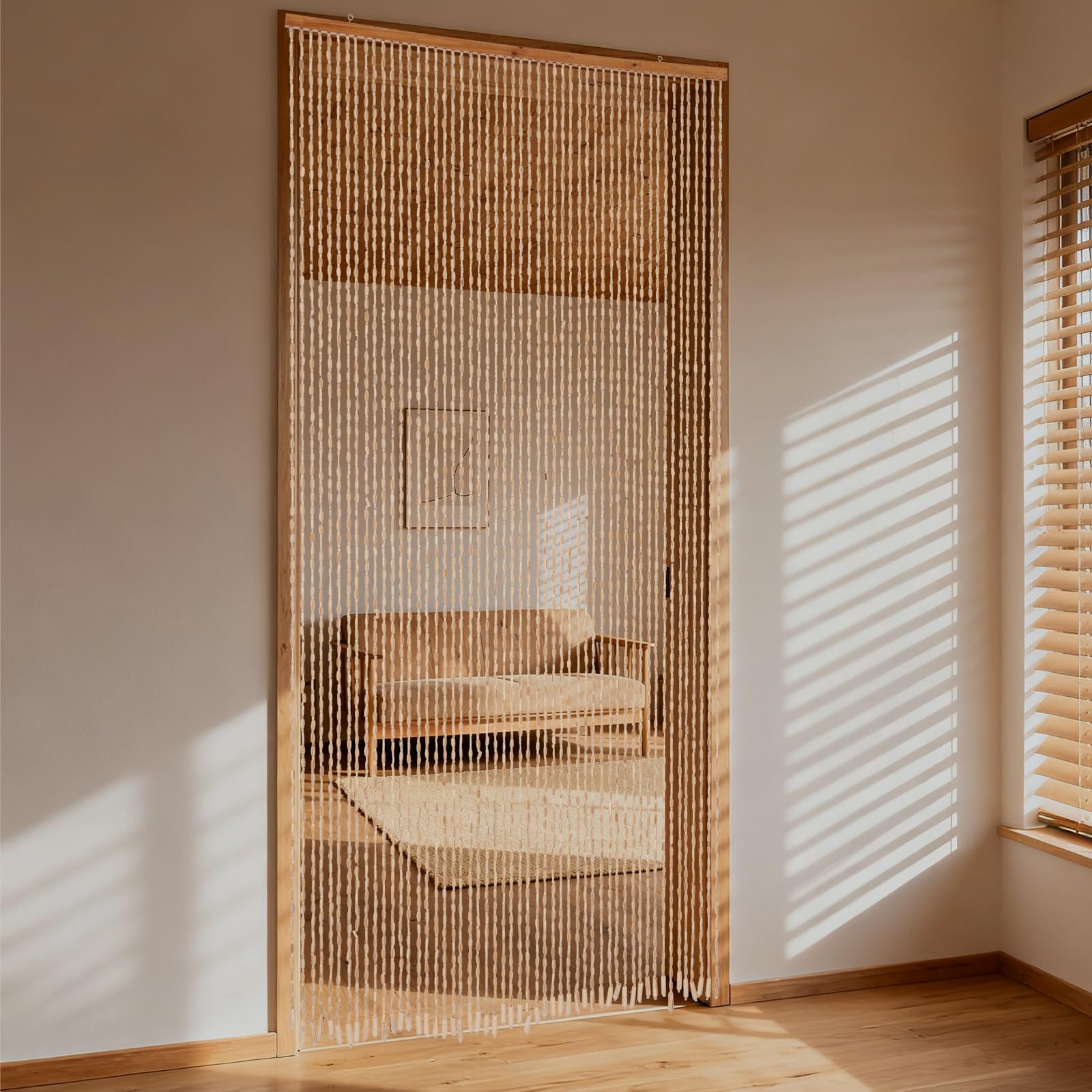 Rideau de porte rétro en perles de bois - 52 lignes - Rideau de porte en perles de bois - Rideau anti-mouches - Rideau de séparation en fil de bambou - 200 x 90 cm