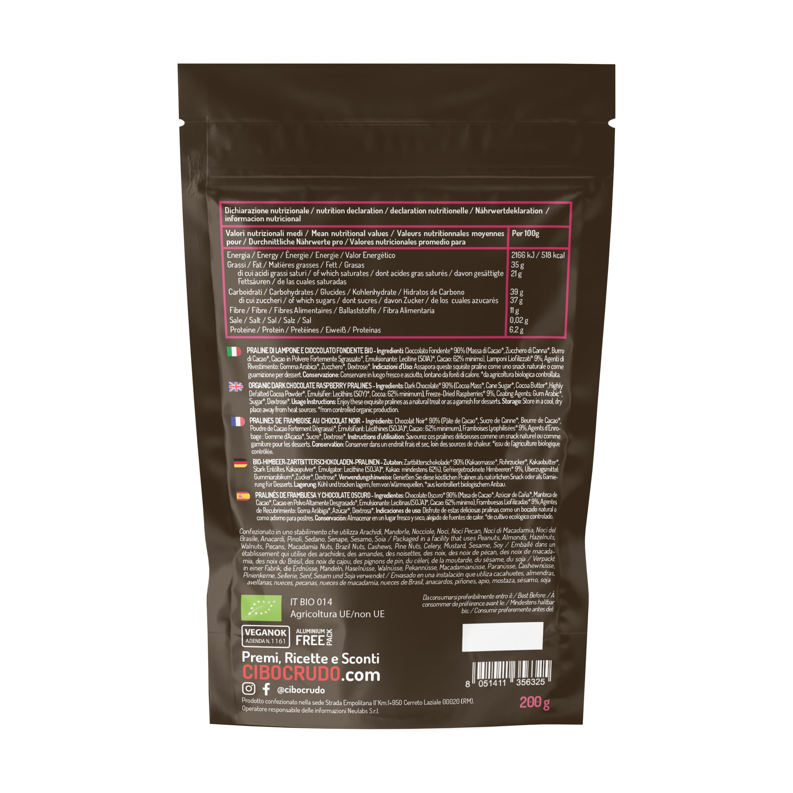 Praliné de Frambuesa Cubiertas de Chocolate Negro 90% Ecologico - 200g. Nuggets de Frutas Cubiertos de Chocolate Negro 90%. Frambuesas Pralinadas con Azúcar. Dulce Regalo para el Día de San Valentín.