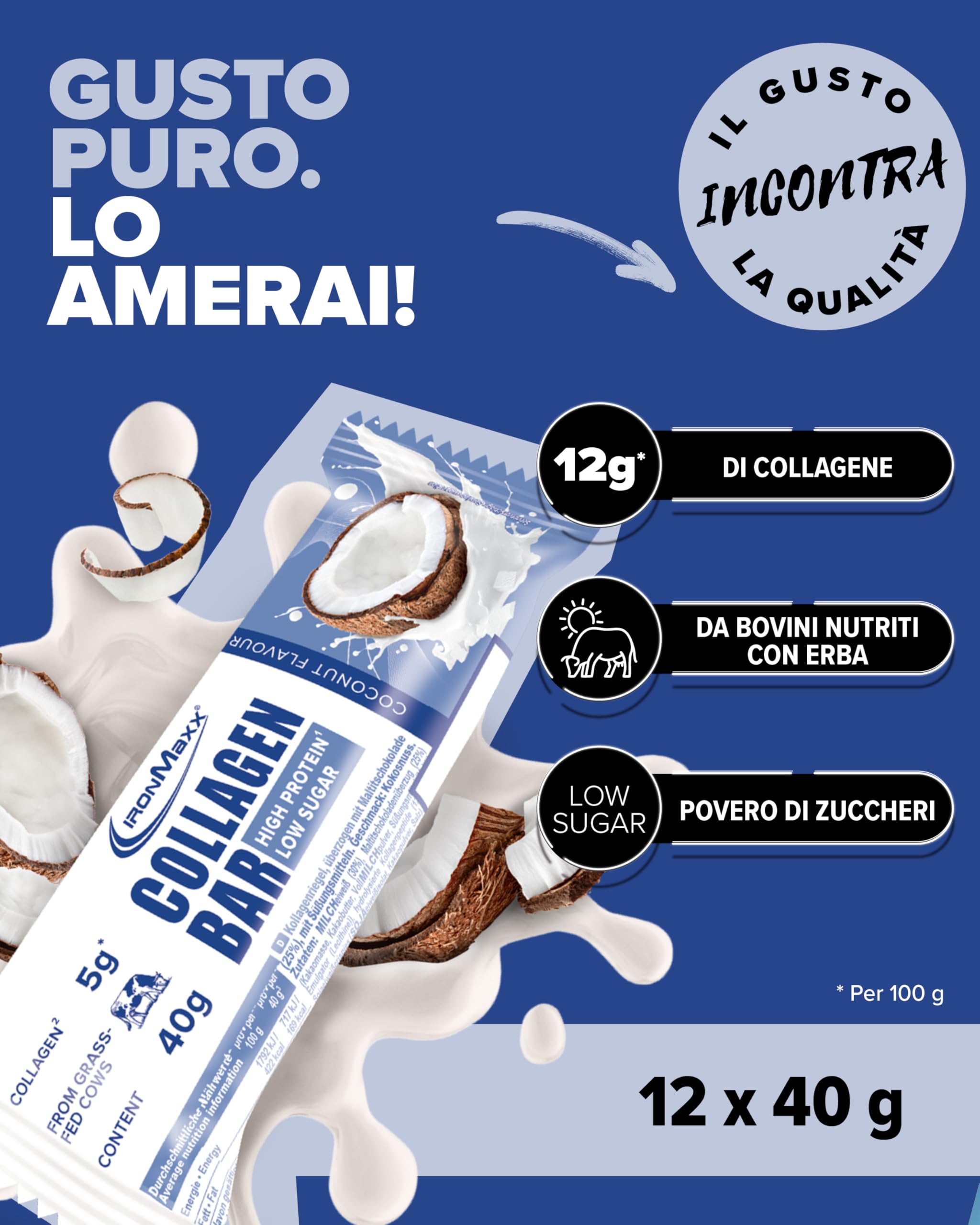 IronMaxx Collagen Protein Bar - Barretta 40g Cocco 12 pz. - Barretta proteica a basso contenuto di zucchero con collagene tipo 1, 2 e 3, 5g per barretta, da manzo alimentato ad erba.