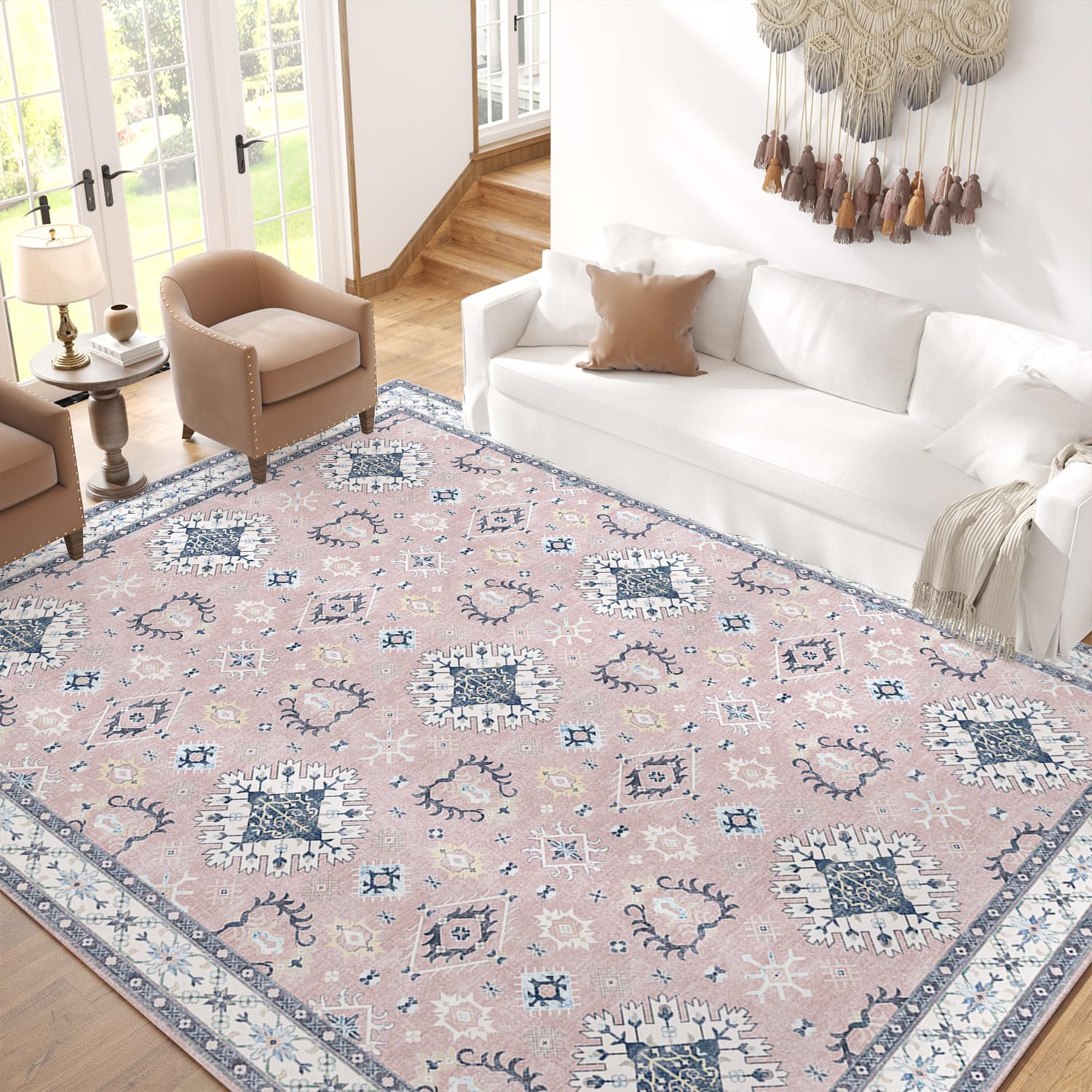 jinchan area rug 6x9 washable rug, vintage living room rug ultra-thin non slip large rug boho rug low-pile floor carpet for bedroom dining room office farmhouse pink
