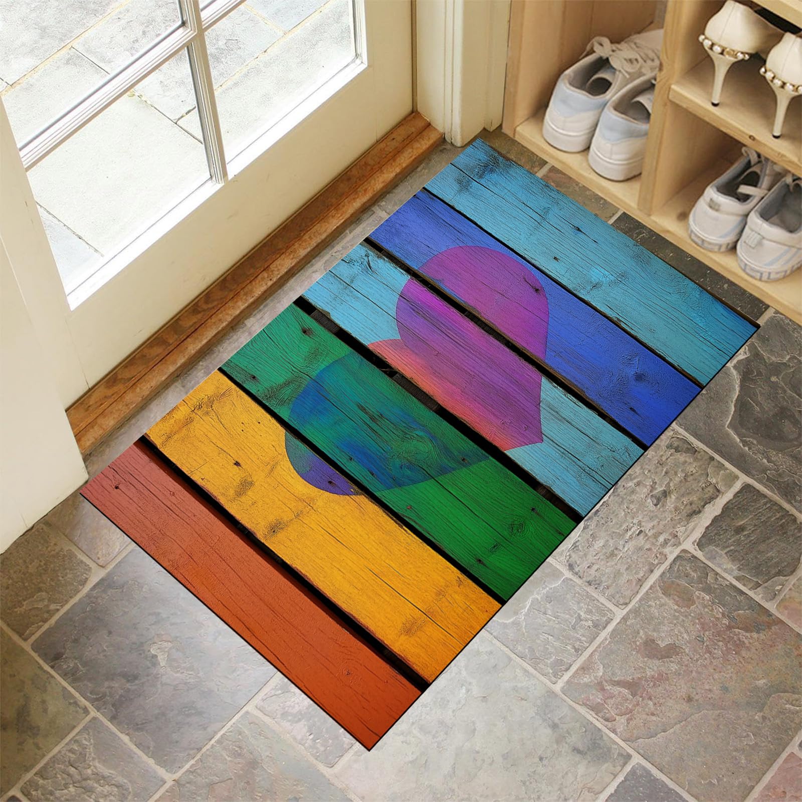 Paillasson avant intérieur vintage cœur d'amour arc-en-ciel 80x120