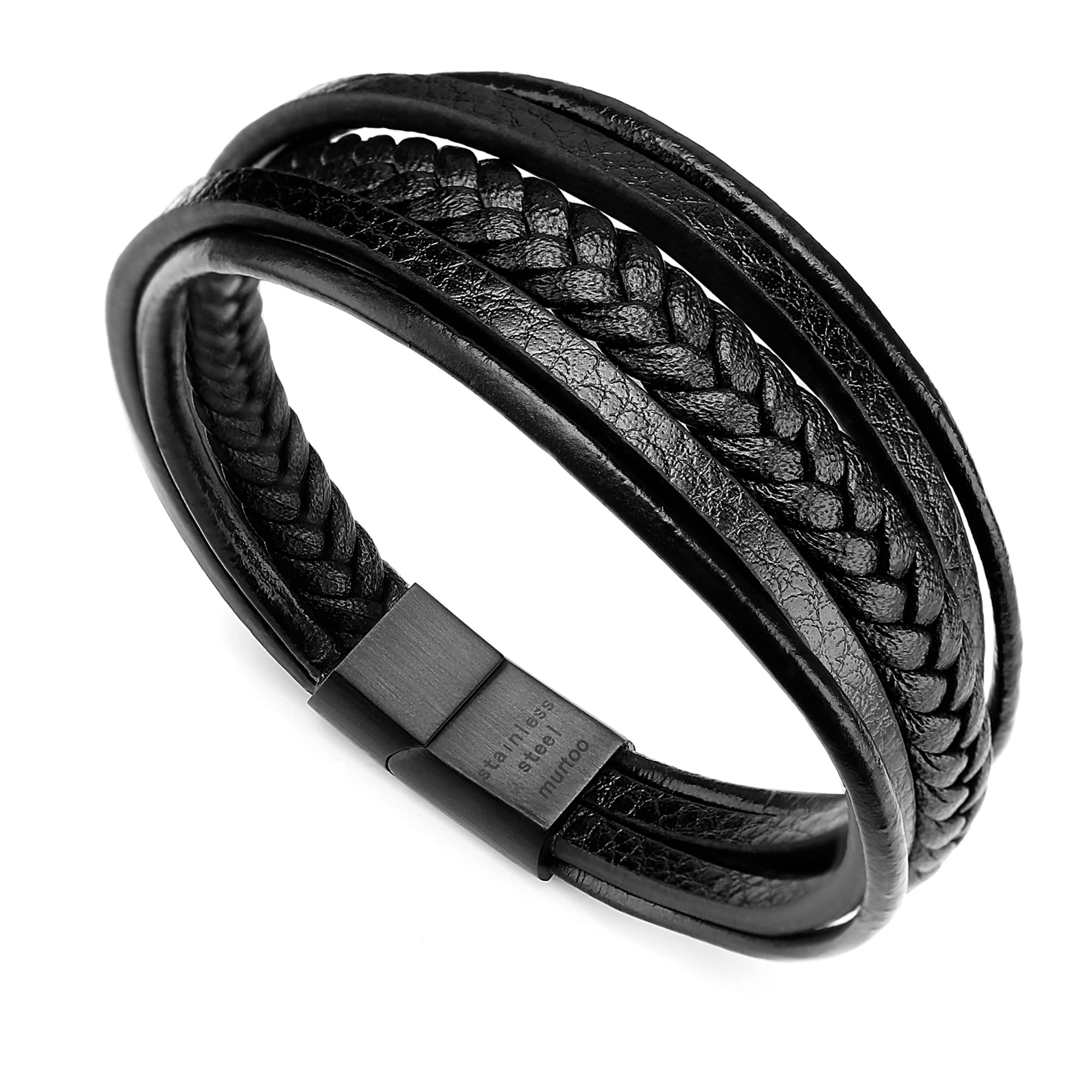 murtoo Pulsera para hombre de acero inoxidable y piel auténtica, con piedra natural trenzada con cierre magnético
