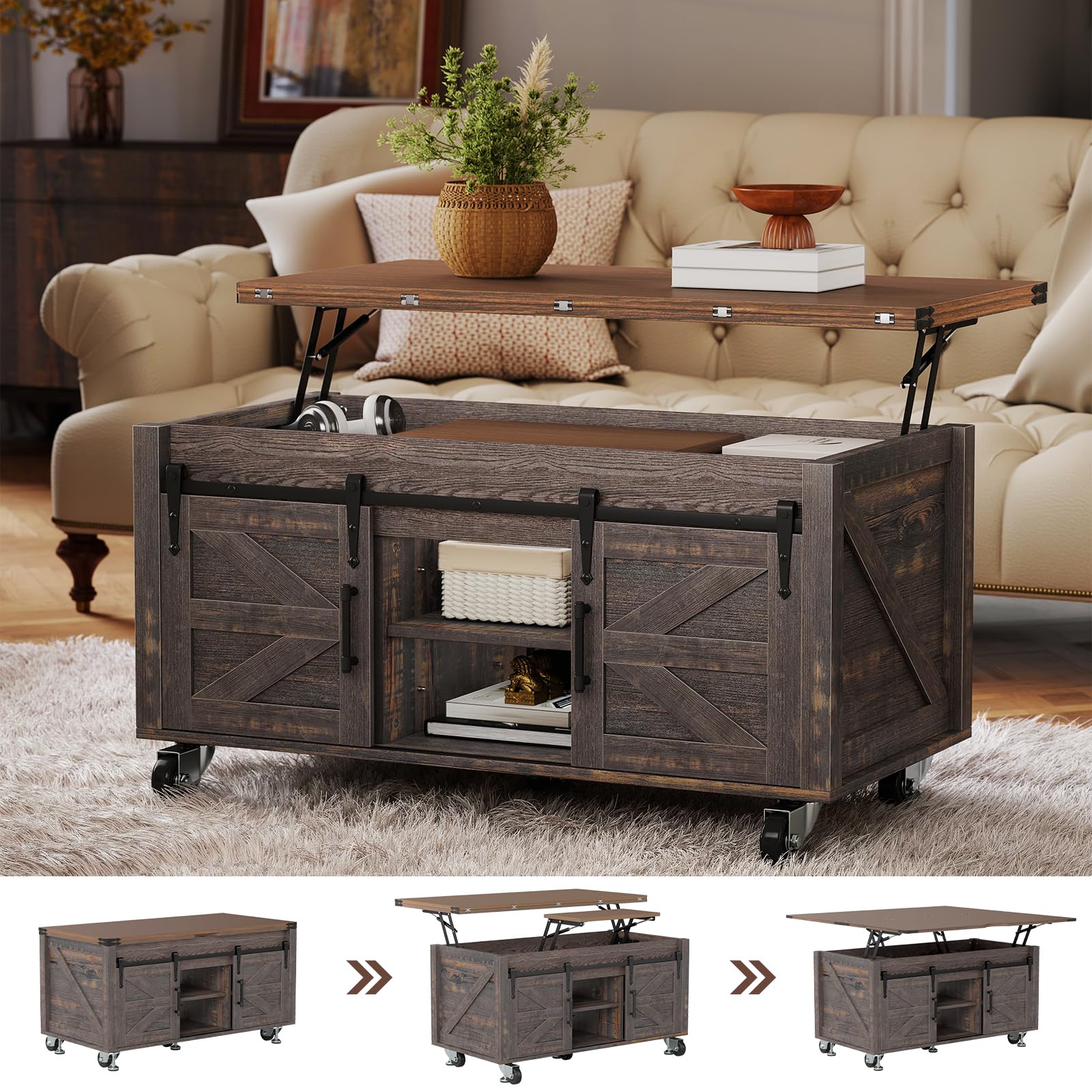 Turosur Lift Top Coffee Table with Storage, 4 in 1 Farmhouse Coffee Table with Lockable Rolling Wheels, Lifting Coffee Tables with 4 Sliding Barn Door