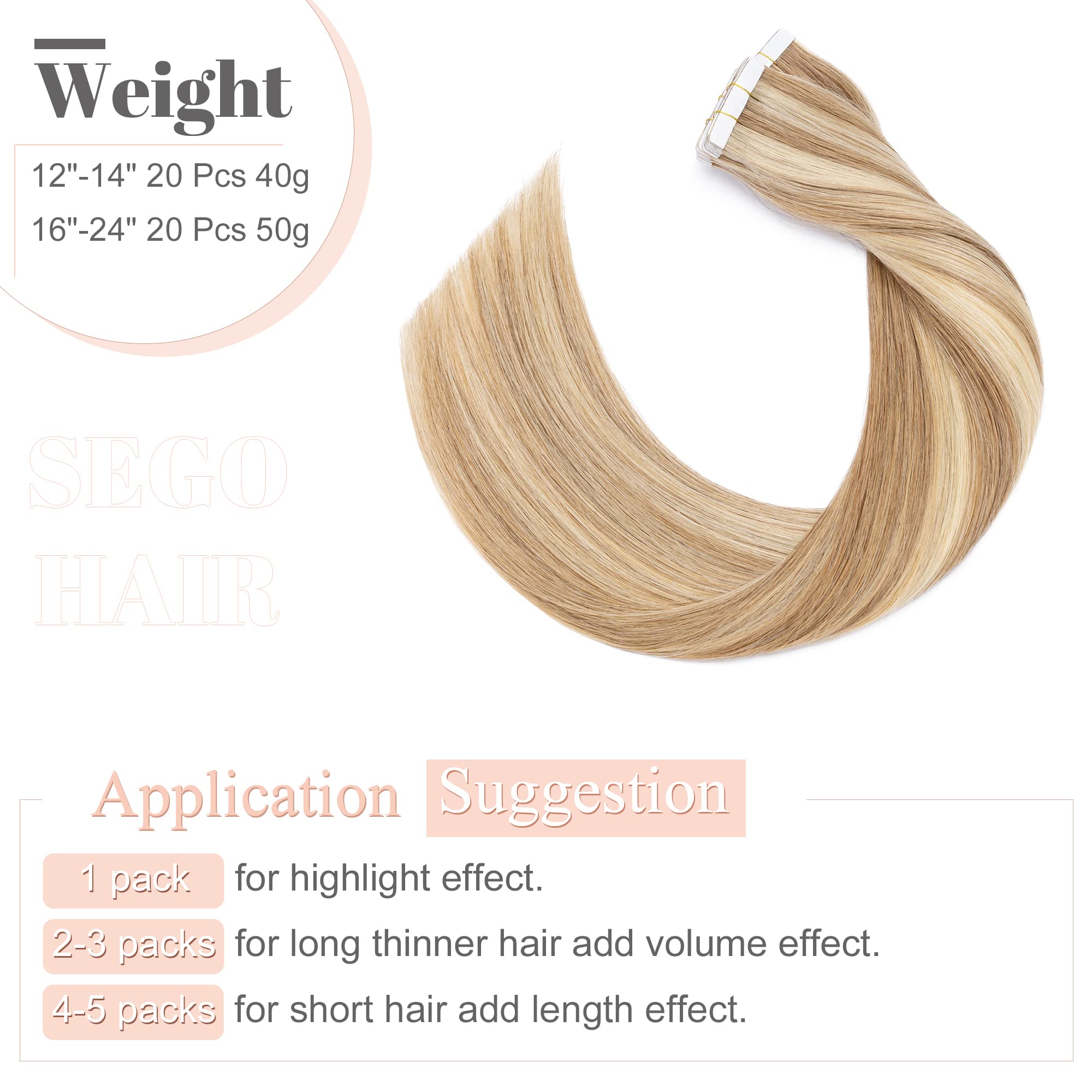 SEGO Extension Adhesive Cheveux Naturel - Extension Cheveux Humain Adhesif - Bande Adhesifs Extension Cheveux Adhesive Naturel - 60 CM 12P613#Brun Doré & Blond Blanchi [2.5g X 20 pcs]