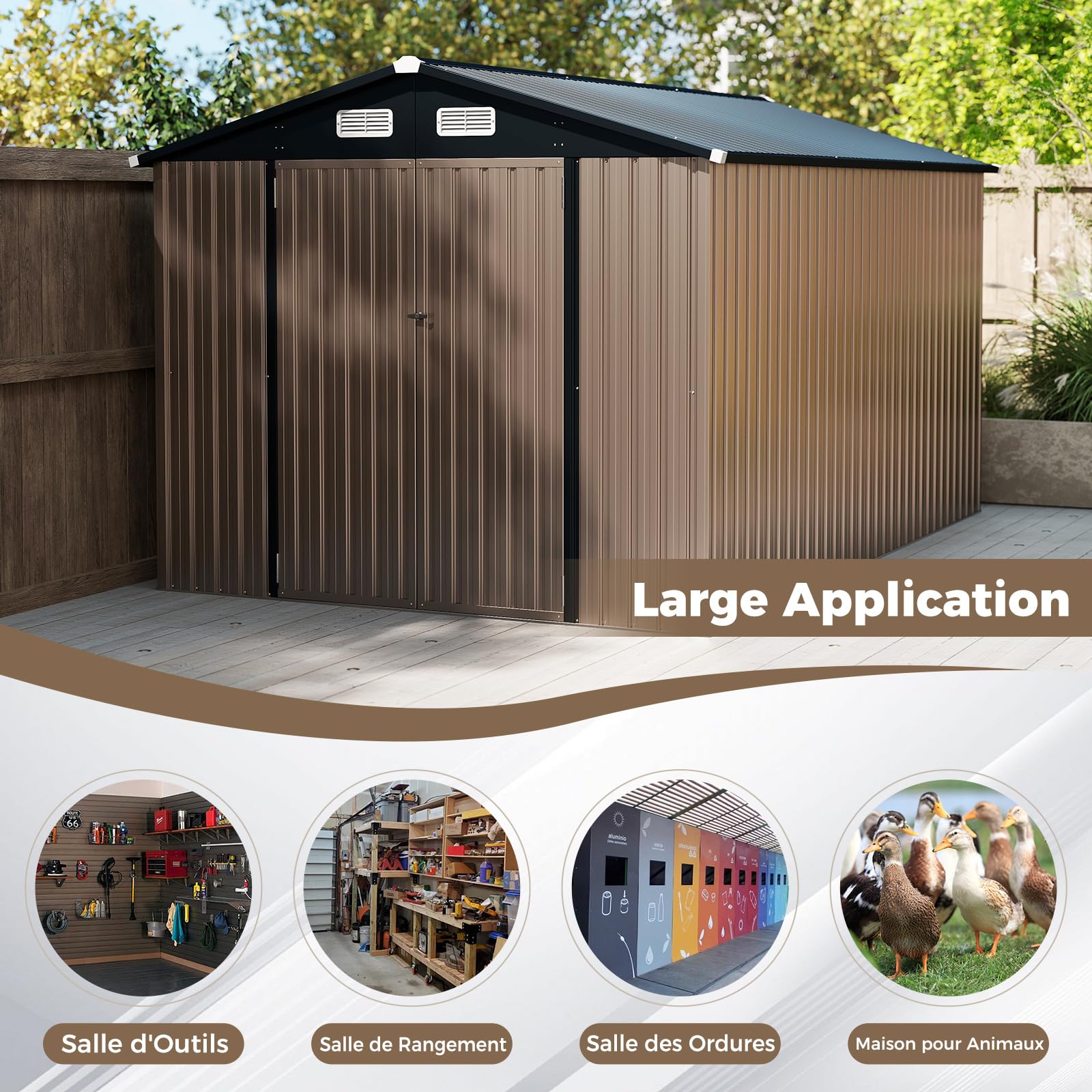 COSTWAY Abri de Jardin Métal 7.8 m², Toit Double Pente, Double Porte Verrouillable avec Clé, 4 Aérations, Cabane de Jardin Exterieur pour Vélo, Poubelle, Outil, Anthracite (7.8 m²)