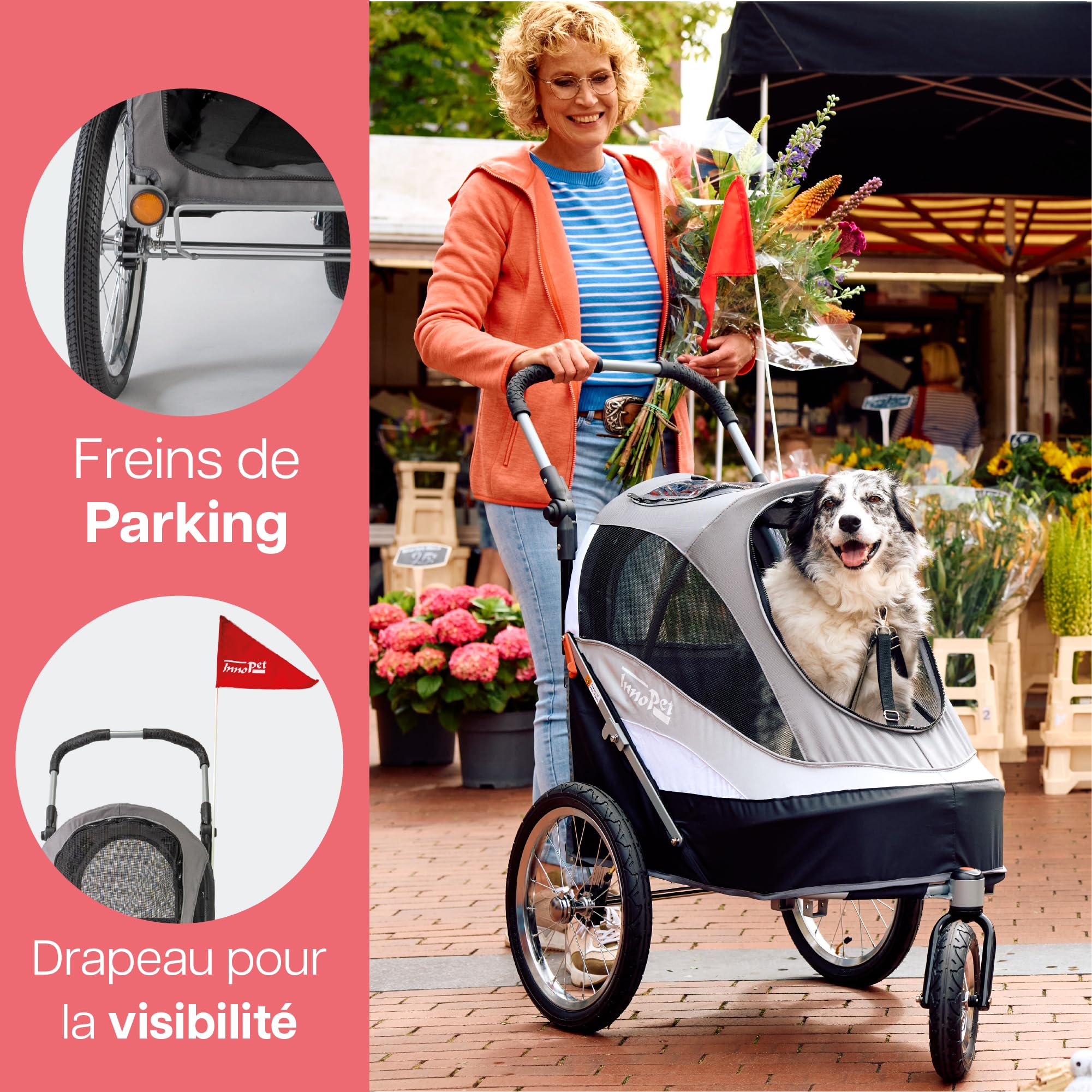 Innopet Sporty Dog Trailer Deluxe Noir/Argent - Poussette pour chien et remorque pour vélo 2 en 1 avec housse de pluie Capacité30 kg - Drapeau - Barre d'attelage et connecteur pour vélo