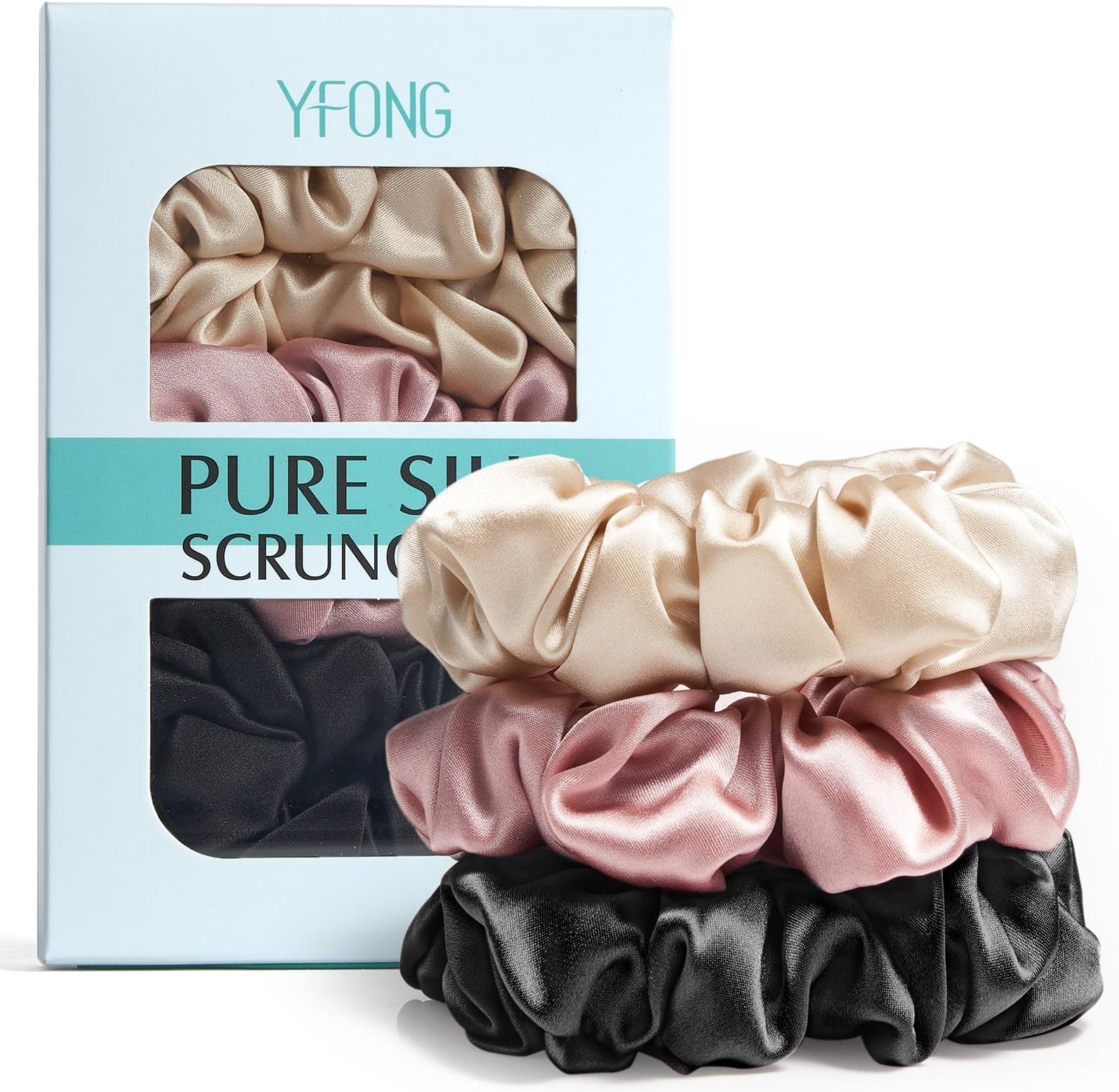 YFONG 3 PCS 100% Mulberry Silk Scrunchies for Women's Hair, 22 Momme Elastic Hair Scrunchies/Ties for Frizz & Breakage Prevention, Natural Hair Bands for Ponytail Holder Gentle And No hurt