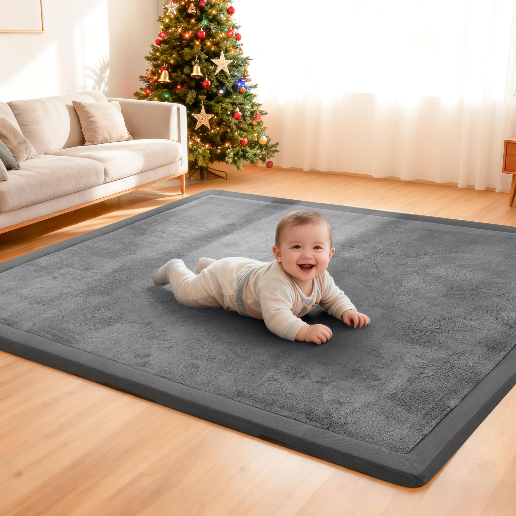 ACOMOPACK Baby Play Mat, 3.5CM Thick Memory Foam Crawling Mat, Coral Velvet Activity Rug for Tummy Time, Non-Slip Nursery Floor Mat for Toddlers, Infants, Kids (127×127cm,Grey)