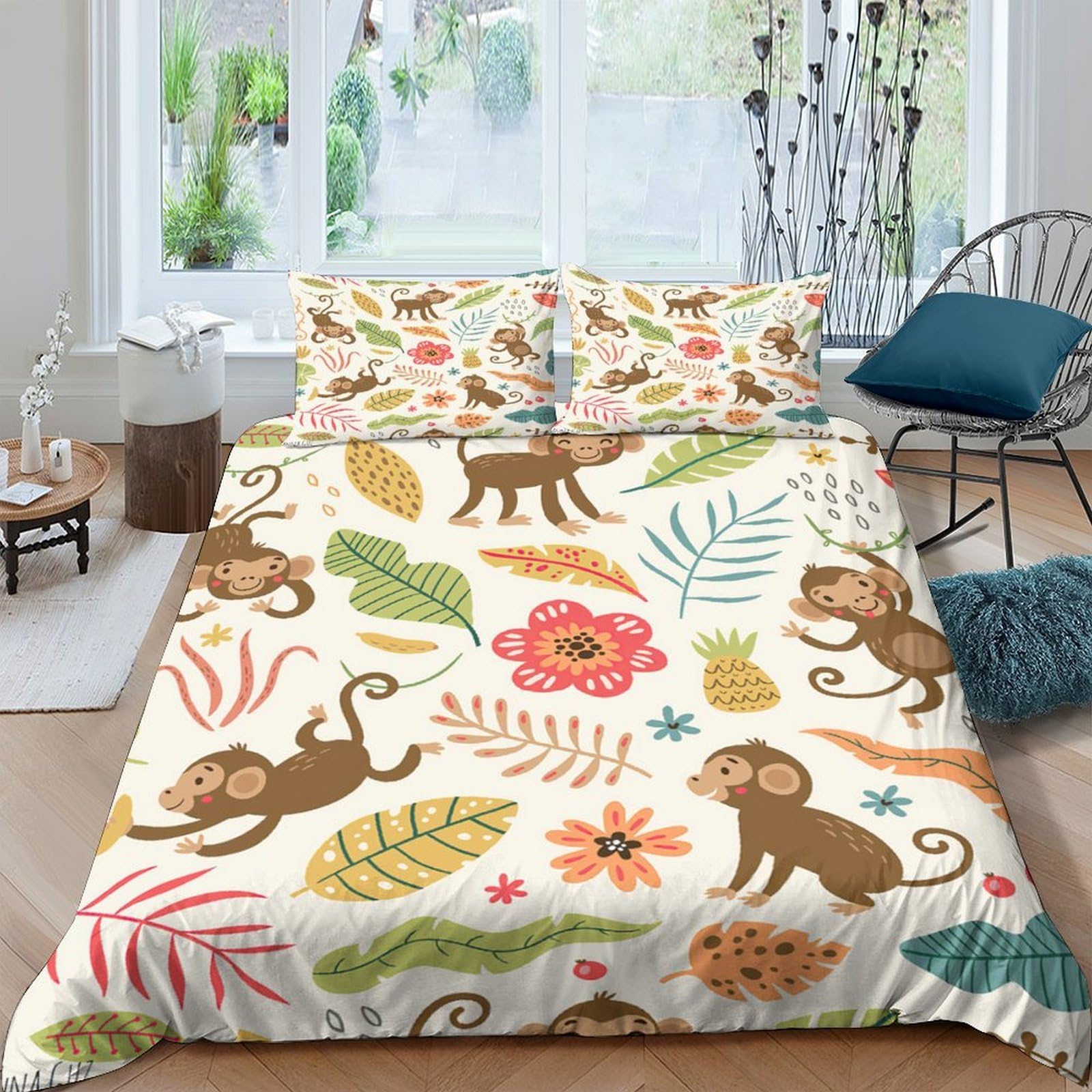 Ctjqhvkz Style-8 3D Printed Jungle Monkey Fitted Sheet Microfiber Soft Floral Leaves Bed Sheet For Bedroom Dorm Mattress Decor Single（135X200cm）