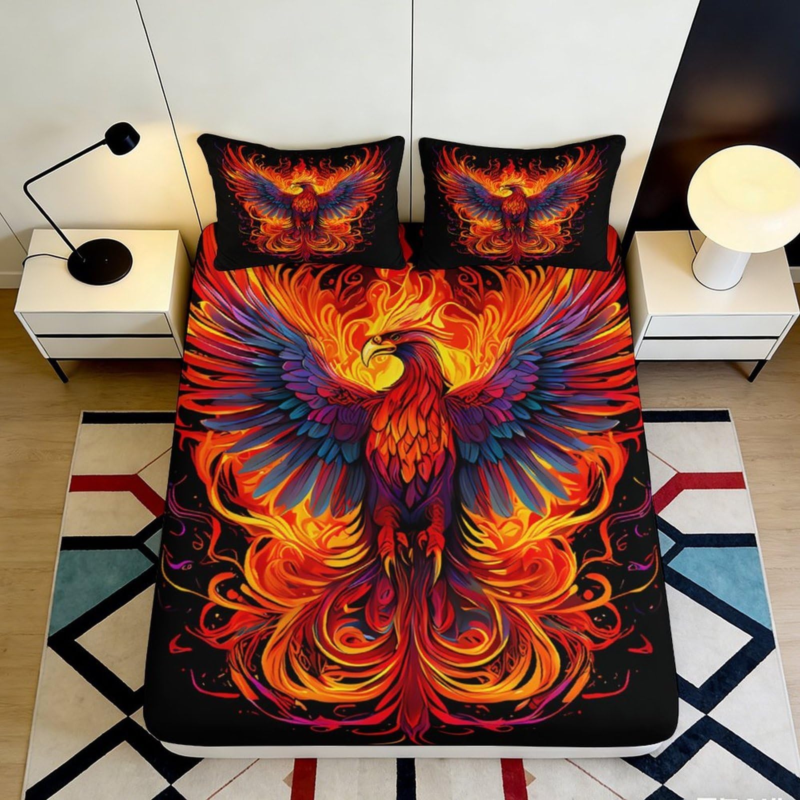 3D Printed Fire Phoenix Fitted Sheet Microfiber Soft Breathable Flame Bird Mattress Cover for Bedroom Dorm Decor 160x200x25cm