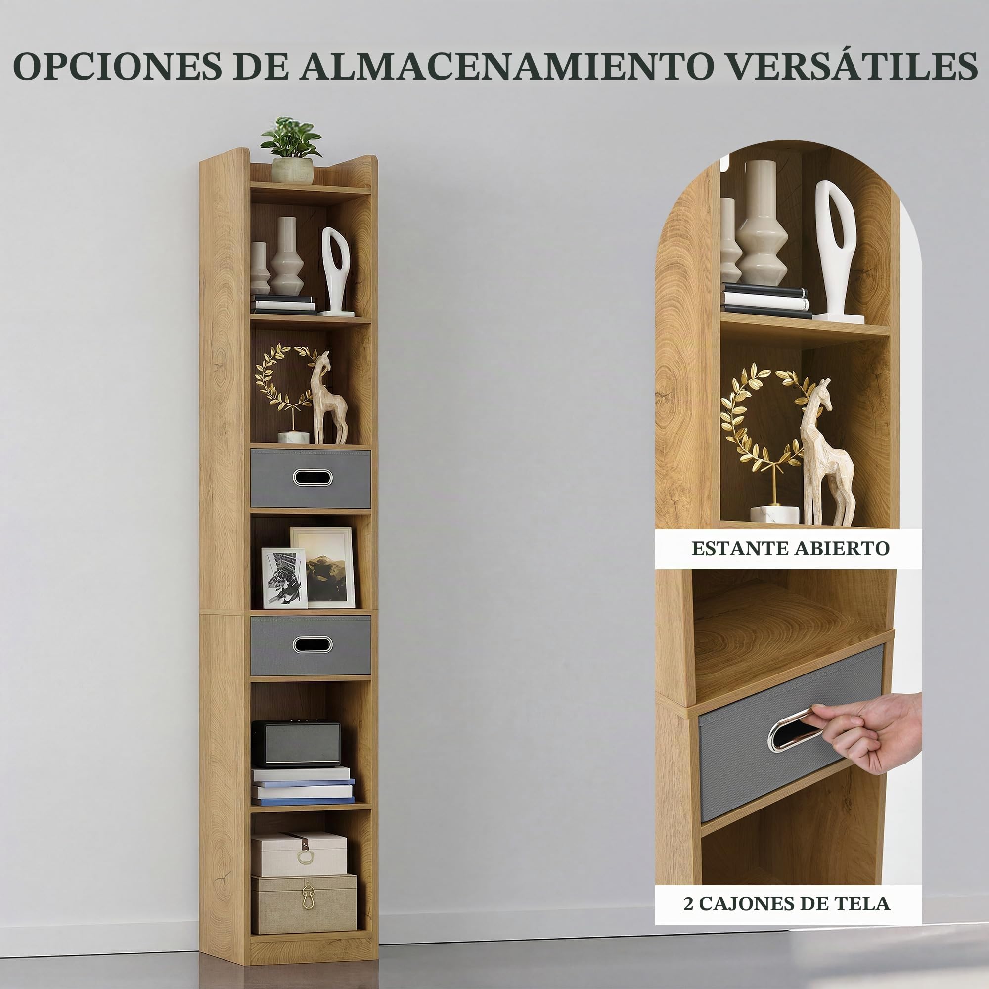 YITAHOME Estantería Alta y Estrecha estantería esquinera Estrecha con 5 estantes y 2 cajones de Tela, estantería Independiente para salón, Dormitorio y Oficina, Acabado Roble