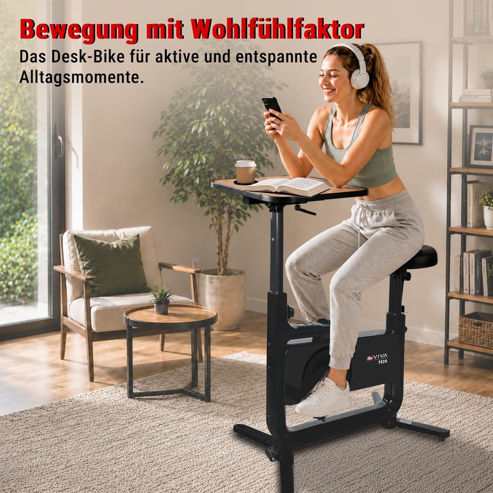 AsVIVA H26 Desk-Bike rower treningowy – rower biurkowy z regulowanym blatem, rower fitness do biura i domu, cichy hamulec magnetyczny, 8 poziomów oporu, komfortowe siodełko 360°, kółka transportowe