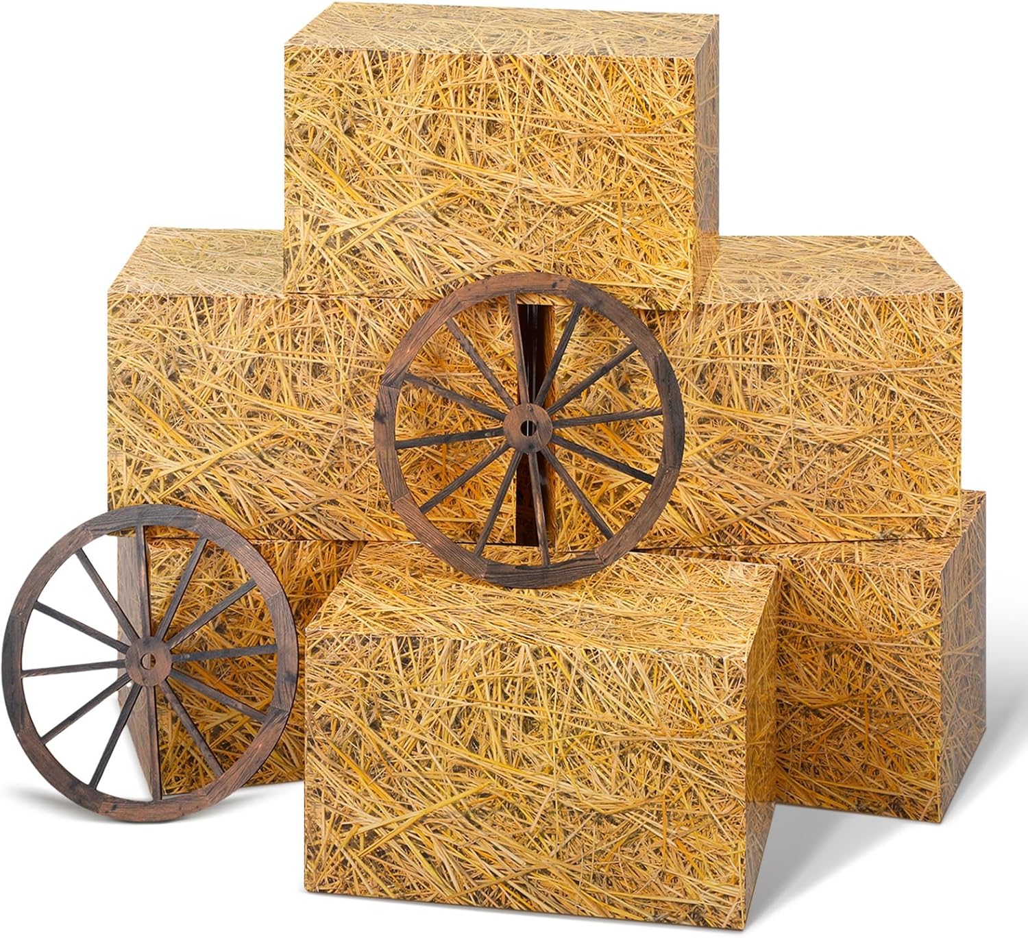 Outus 8 Pcs Cowboy Party Decorations Include 2 Rustic Wooden Wagon Wheel 6 Grain Straw Hay Bales Boxes Decor Western Party Decorations for Photo Booth Props Birthday Fall Harvest Farm Accessories