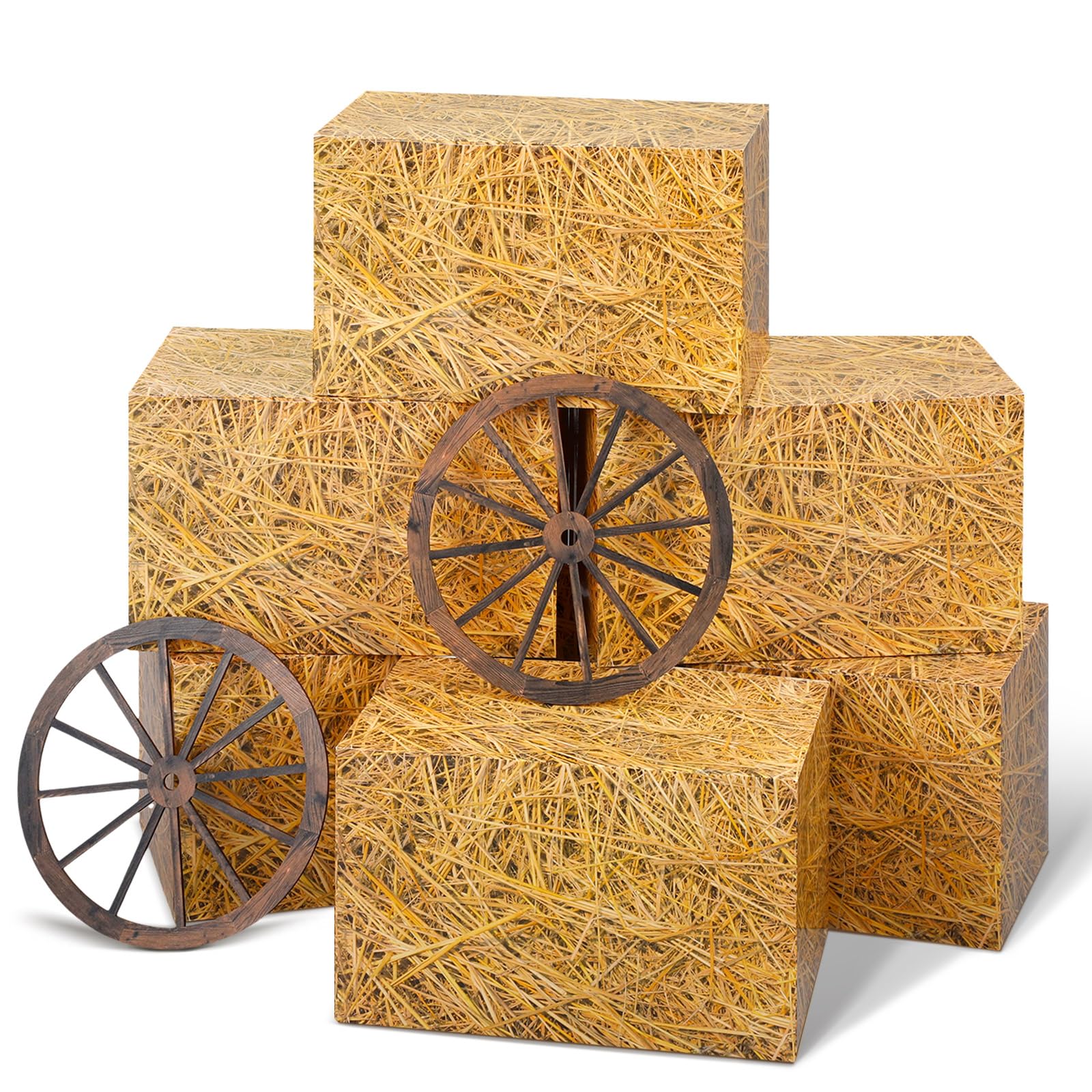 Outus 8 decorazioni per feste da cowboy includono 2 ruote rustiche in legno per carro 6 balle di fieno in paglia di grano, decorazioni occidentali per feste per foto puntelli compleanno autunno