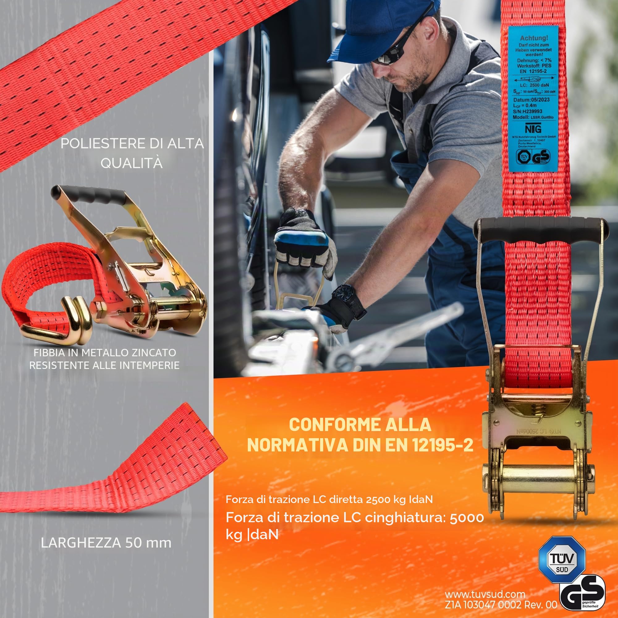 SET DI 10 CINGHIE DI FISSAGGIO CON CREMAGLIERA NTG 8 m – Robusto set di cinghie di fissaggio per camion, rimorchi e furgoni – 5.000 kg LC, larghezza 50 mm – Cinghia di fissaggio certificata TÜV/GS
