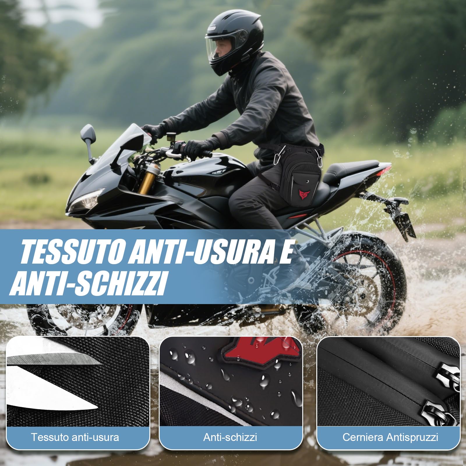 Eshow Marsupio da Gamba Moto Borsa Cosciale Espandibile con Fibbia Borraccia Striscia Riflettente per Trekking Ciclismo Viaggio