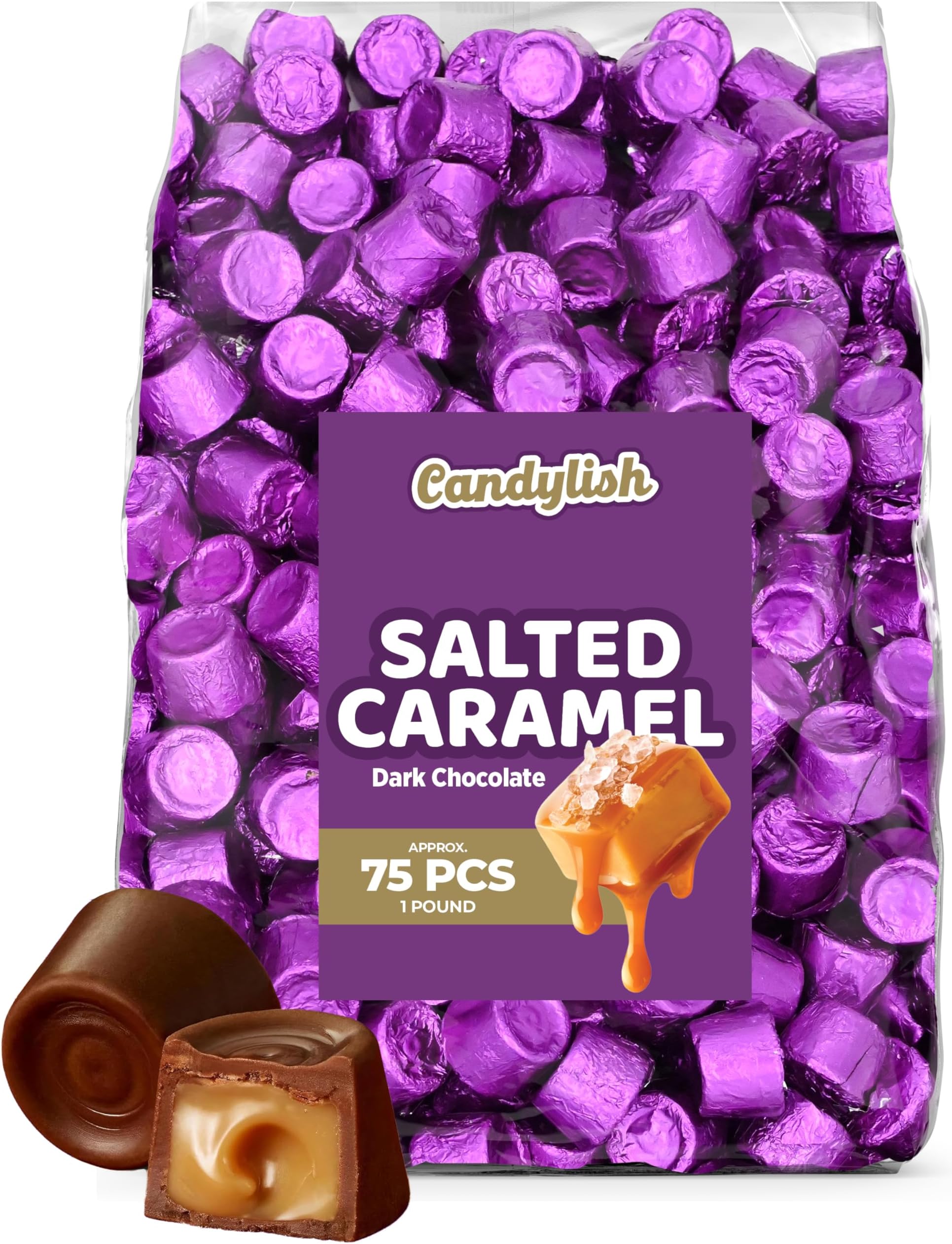 Salted Caramels in Dark Chocolate, 1 LB Bag - Sweet and Salty Gourmet Candy, Individually Wrapped in Purple Foil, Bulk Candy, Approx 75 Pieces