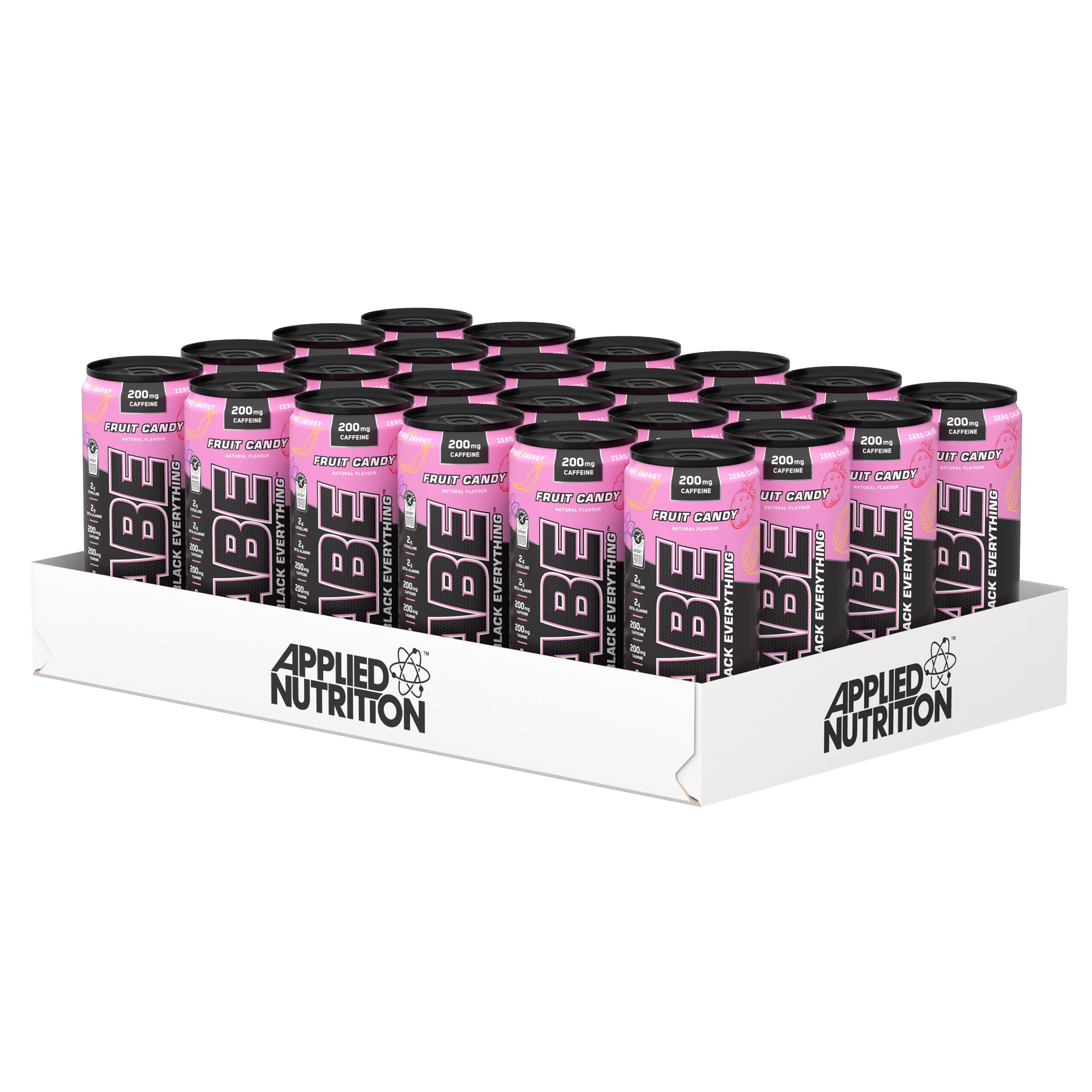 Applied NutritionABE Pre Workout Cans - All Black Everything Energy + Performance Drink, ABE Carbonated Beverage Sugar Free with Caffeine (Pack of 24 Cans x 330ml) (Fruit Candy)