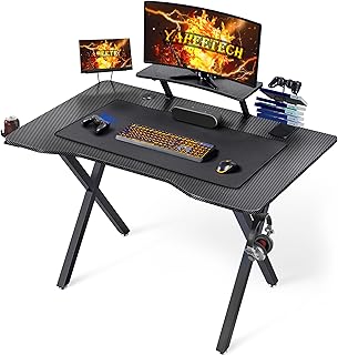 Yaheetech Mesa Gaming Ergonómico Escritorio Gaming Mesa Escritorio Ordenador Escritorio de Fibra de Carbono Impermeable con Portavasos y Portacascos con Gancho 100×60cm