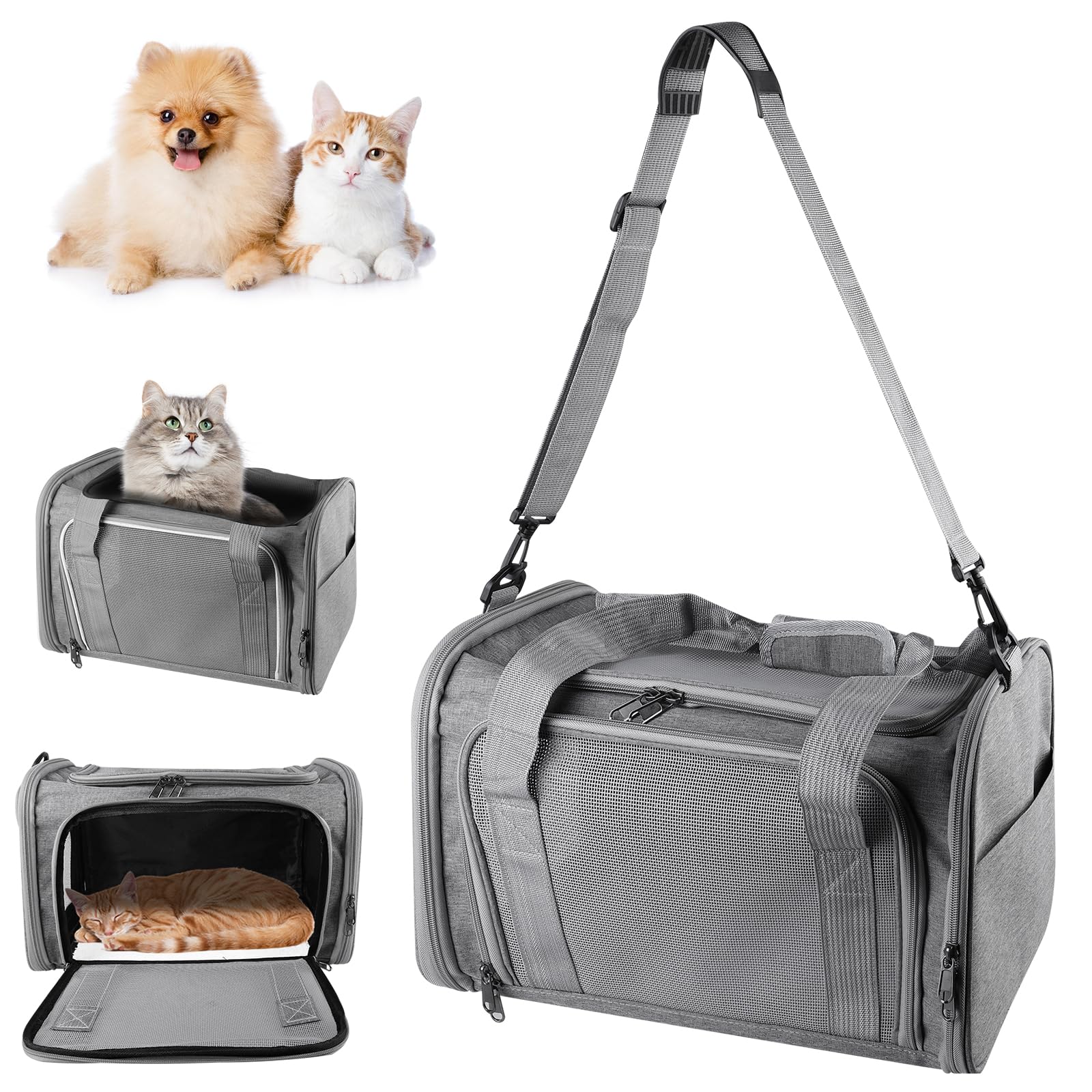 Bolsa de transporte plegable para gatos, con correa para el hombro, ligera, transpirable y apta para aviones, para animales pequeños de hasta 3 kg (gris, 40 x 25 x 25 cm), para viajes