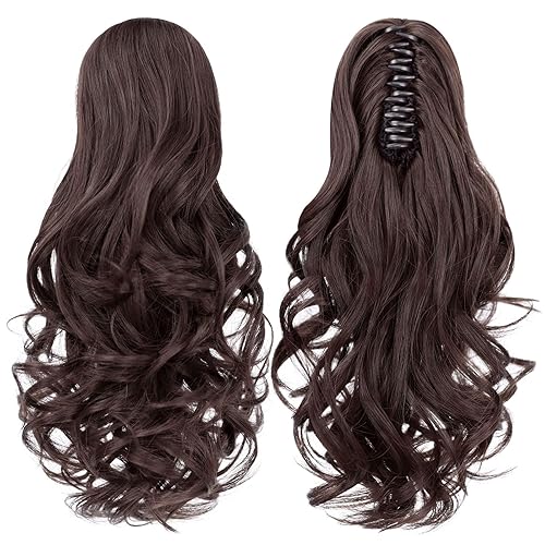 Miniatura 6 de SYXLCYGG Clip de pinza para cola de caballo, extensiones de colas de caballo de color marrón oscuro, onduladas, 14 pulgadas, 4.3 onzas, piezas de
