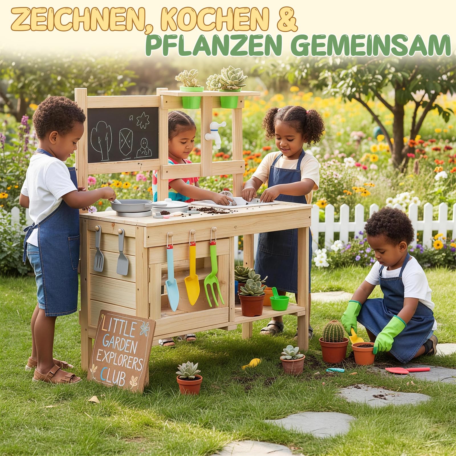LEADZM Spielküche Gartenspielküche Matschküche Kinder Outdoor mit Spüle, Blumentopf, Wasserhahn, Kinderküche mit Herd und Tafel, geeignet für Kinder ab 6 Jahren, Naturholzfarbe