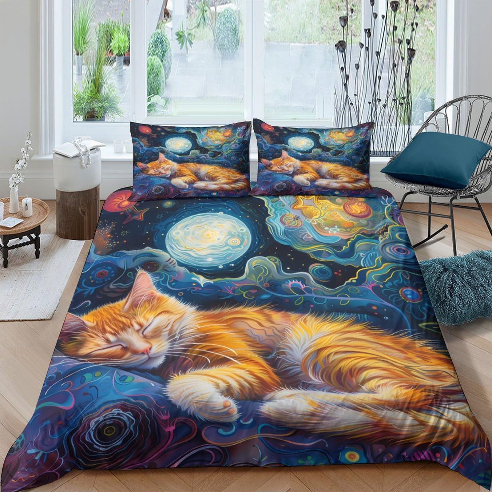 Ctjqhvkz Style-1 3D Printed Sleeping Cat Galaxy Fitted Sheet Microfiber Soft Artistic Nebula Mattress Cover Bedroom Decor Protection Single（135X200cm）