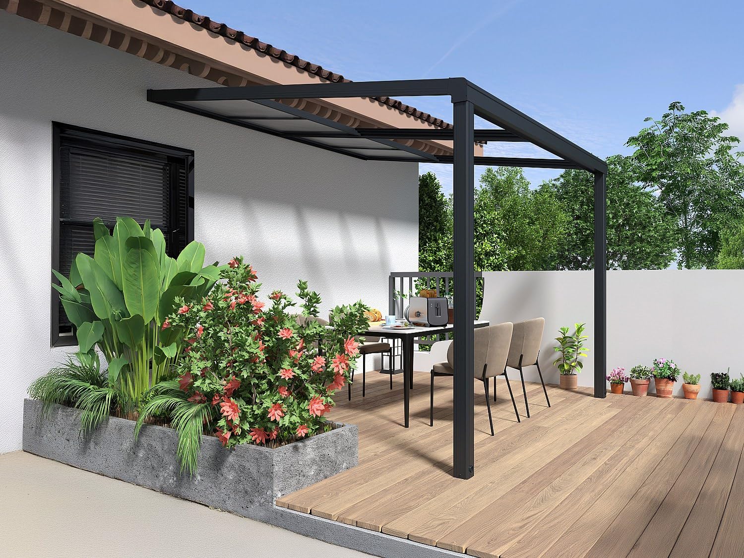 Vente-unique - Pergola adossée en Aluminium avec Toit Coulissant - 9 m² - Anthracite - IZEDA