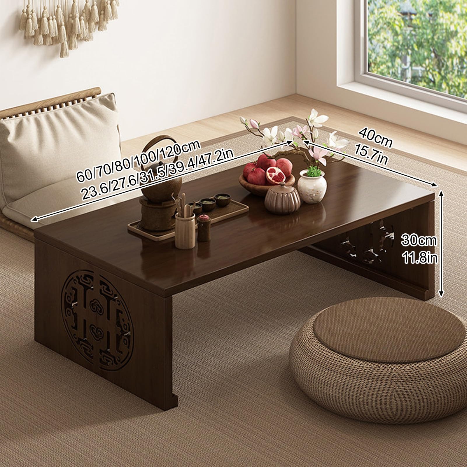Składany japoński niski stolik kawowy, lekki, oszczędzający miejsce design do salonu i jadalni, 80 x 40 x 30 cm, idealny do małych przestrzeni