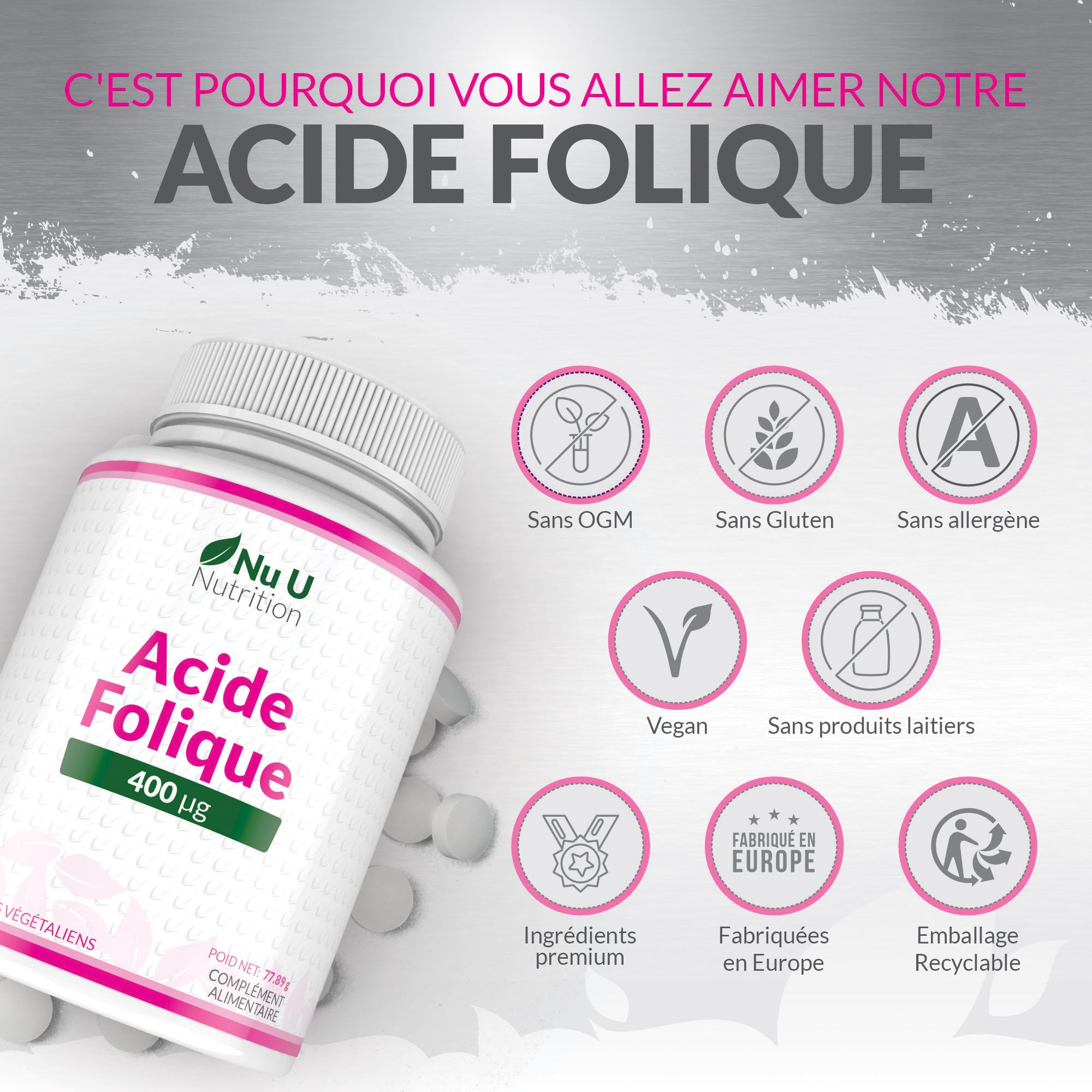 Acide Folique 400 µg – 450 Micro Comprimés Végétaliens – Cure de 15 Mois – Vitamine B9 Folate pour Femmes Enceintes – Supplément Prénatal – Fabriqué en Europe – Nu U Nutrition