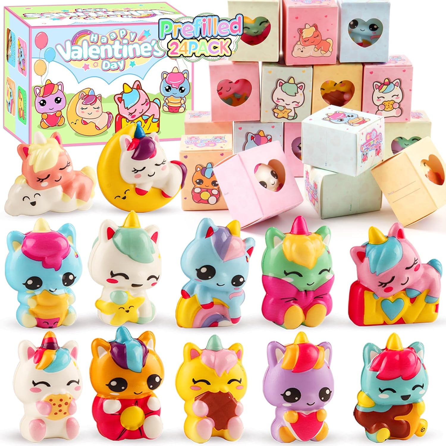 Valentines Gifts for Kids Classroom, 24 Pack Prefilled Valentines Box with Cute Squishy Toys, Valentines Party Favors, Class Valentines for Kids Boys Girls, Classroom School Valentines Gifts