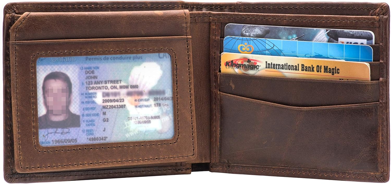 Real Leather RFID Blocking Genuine Real Leather Bifold Wallet for Men with Zipper and 2 ID Windows (Brown)