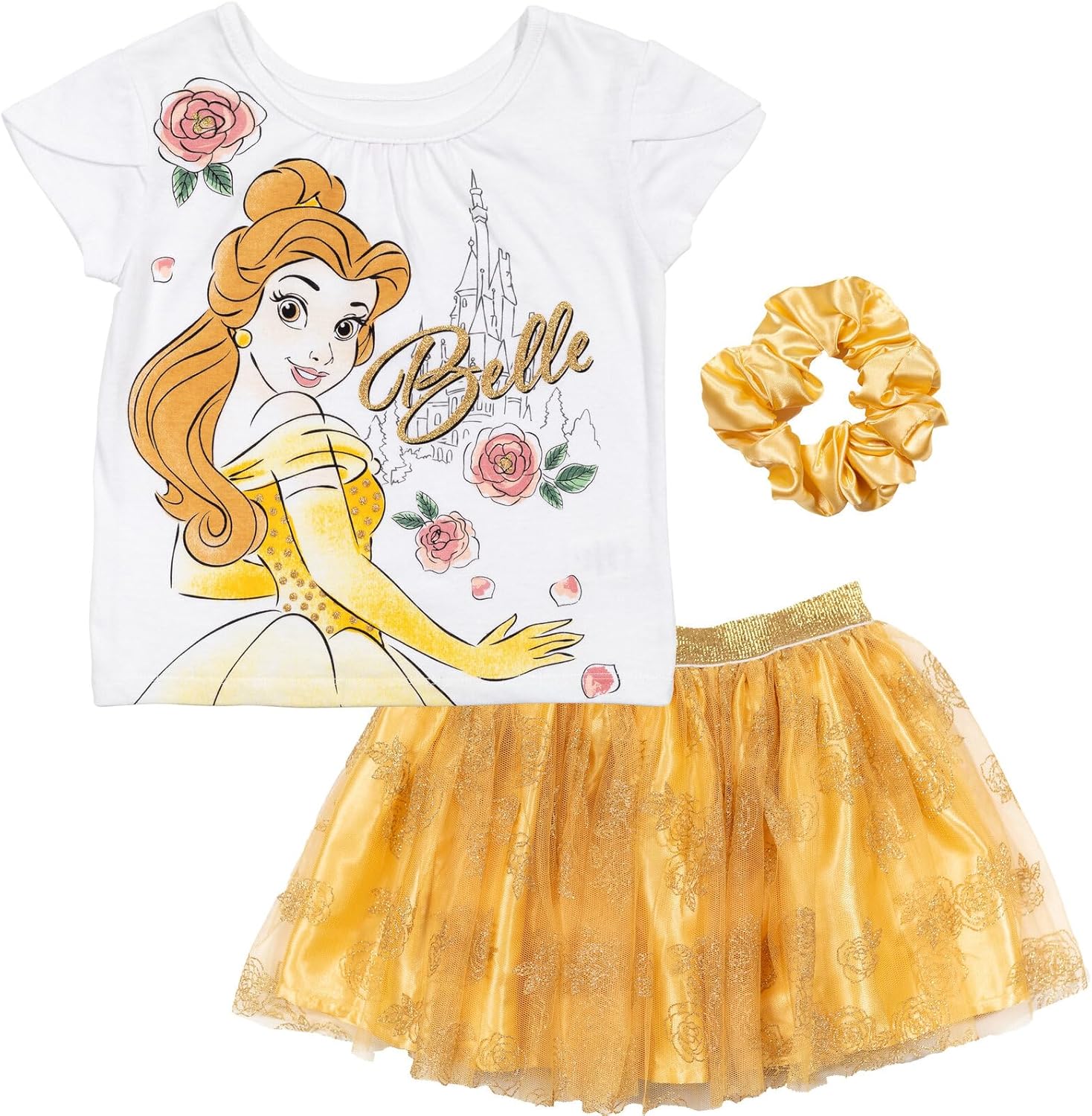 Disney Princess Moana Frozen Girls T-Shirt Tulle Mesh Skirt and Scrunchie 3 Piece Outfit Set Toddler to Big Kid