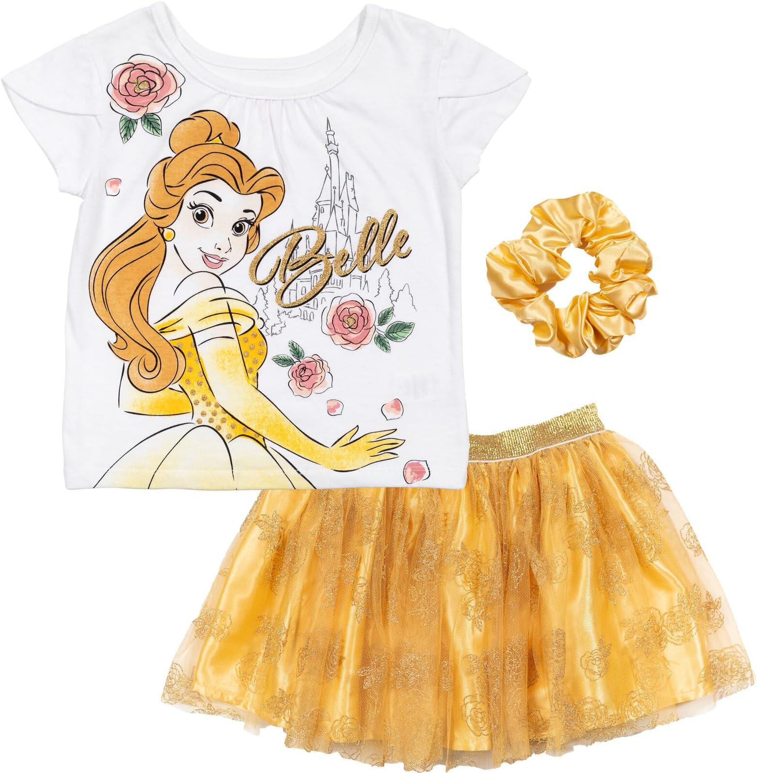 Princess Moana Frozen Girls T-Shirt Tulle Mesh Skirt and Scrunchie 3 Piece Outfit Set Toddler to Big Kid