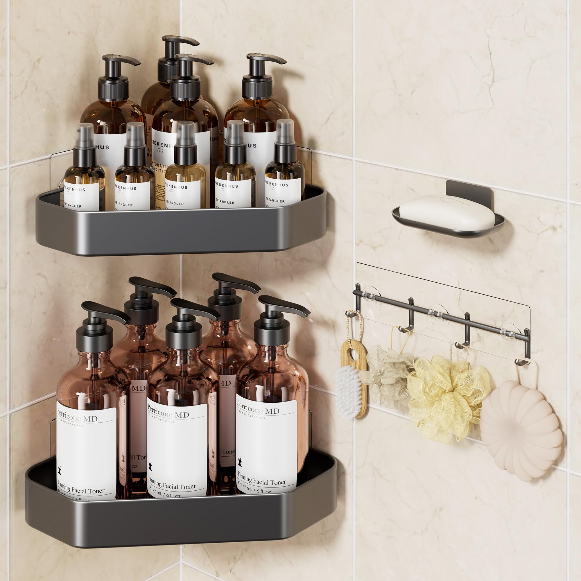 veken aluminum corner shower caddy 4-pack, never rust, no drilling adhesive shelves, stainless rack with soap holder, large capacity bathroom organizers and storage, wall-mounted kitchen & home decor